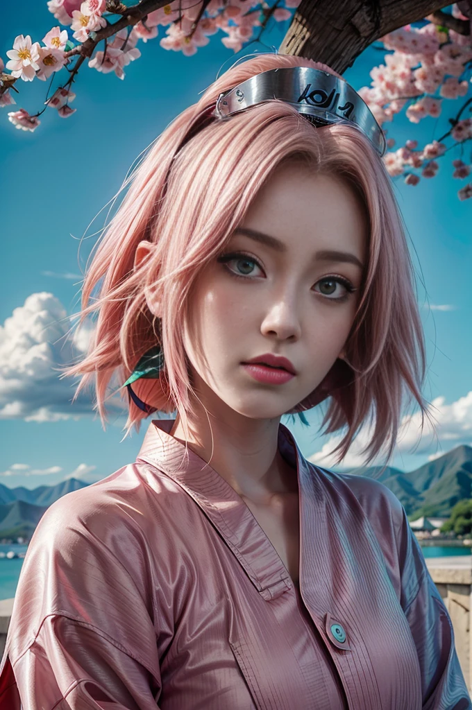 young woman, white skin, gathered bubblegum pink hair, wide forehead, pink eyebrows, large emerald green eyes, upturned nose, thick lips, heart-shaped face, multicolored Japanese kimono, cherry blossom, geisha style, wavy background painting and blue clouds and mountains sky background,Full moon, High detail, sharp focus, Sakura Haruno, realistic, realism, 3d