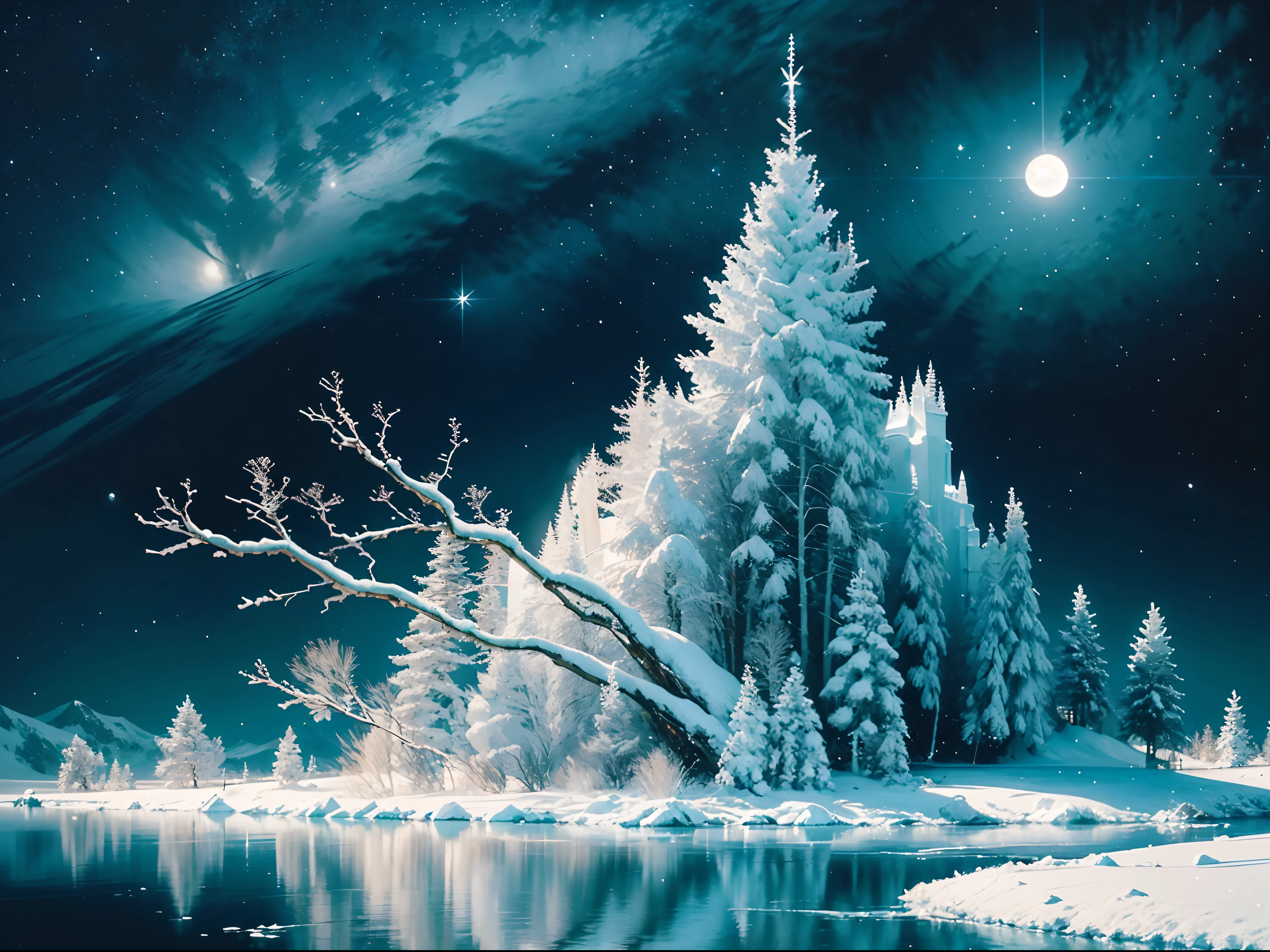 rime ice, moonlight, snowy mountains, frozen branches, shimmering crystals, tranquil stillness, ethereal glow, cold beauty, lunar glow, silver shadows, mystical atmosphere, winter wonderland, frozen landscape, delicate icicles, glistening snow, crisp air, serene silence, moonlit peaks, frosty enchantment, icy sculptures, frost-covered trees, celestial radiance, sparkling frost, magical night, peaceful serenity, dreamlike scenery, moonlit reflection, poetic winter, enchanting moon, icy blue hues, starry sky, frozen wilderness, ethereal tranquility, moonlit frost, moonlit stillness, wintry moonbeam, luminescent landscape, icy moonlight, frozen paradise. Santa in his sleigh being pulled by his reindeer through the sky