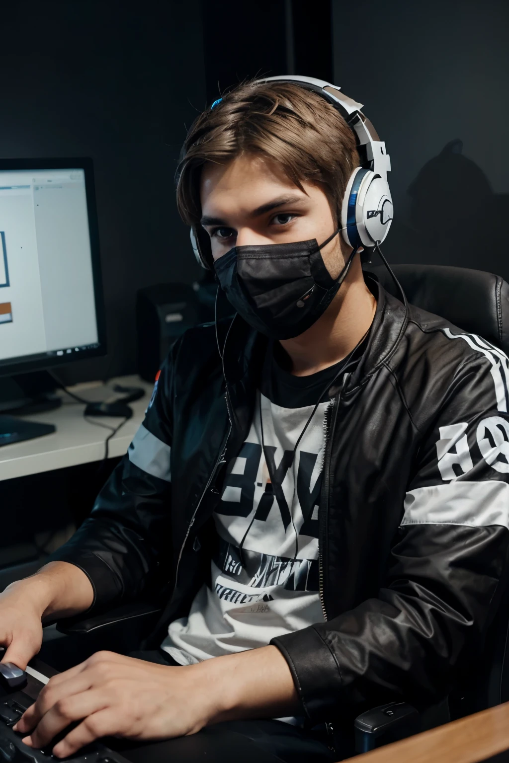 I want the front view of a young man with brown and white hair wearing a headset and mask, he is the presenter of a gaming channel looking straight ahead sitting in front of a PC as if he were in his setup
