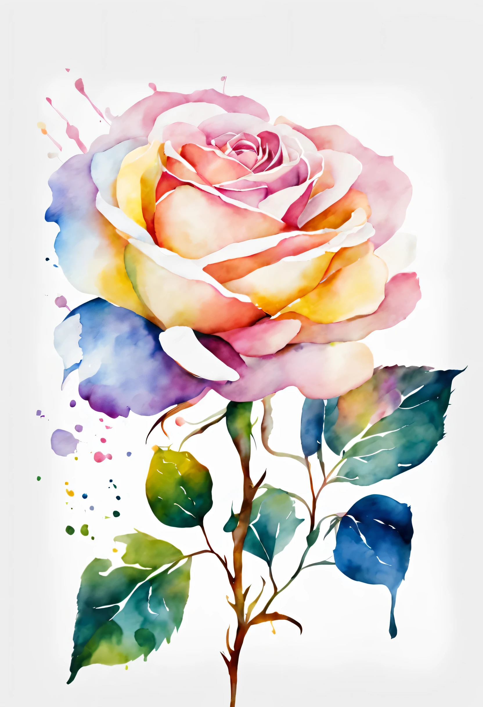 Watercolor flower painting isolated on white background、Rainbow Rose、watercolor painting、Splash technique to reproduce wet conditions、Blurry atmosphere、Unique composition、Abstract representation、Contains elements of surrealism、pale colour調、pale pink and gold color scheme,,、High resolution details、Ink splash effect、pale colour。