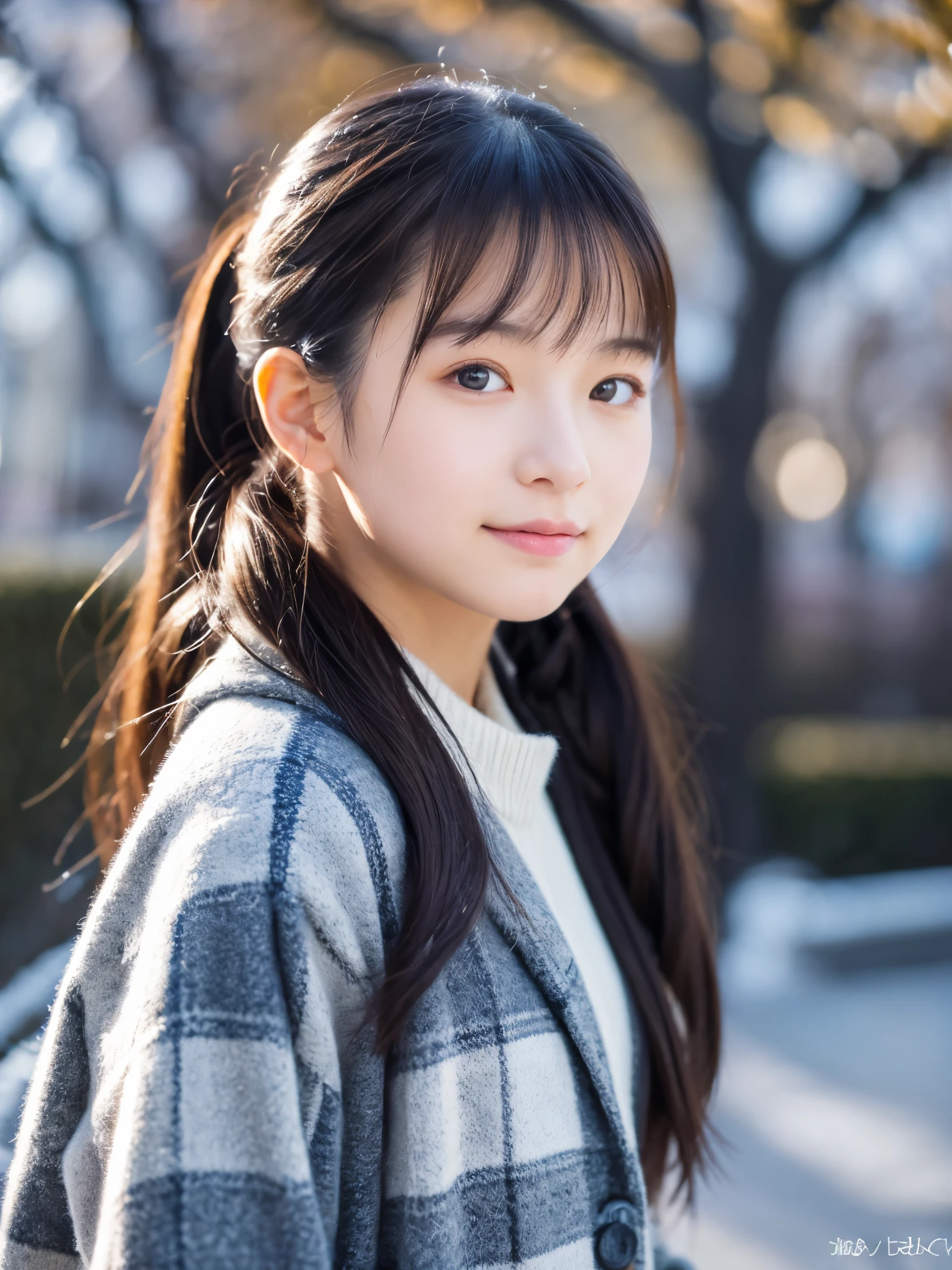 photorealistic, 8k full-length portraits, Beautiful woman, A charming expression, ponytail, Clear system,  16 years old, Tokyo, winter, Shibuya in the background, looking at viewer, front pose