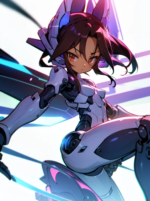 Masterpiece, best quality, highres, amazing quality, alita battle angel, flat chested, male, ,8 year old boy, shota, (Dark skin), cute, red eyes, very long dark brown hair, white mecha musume armour, white exosuit armour, black powersuit, android girl disgaea, (mecha eargear), white mecha armour leggings and white mecha gaunlets, no game no life Shuvi, 