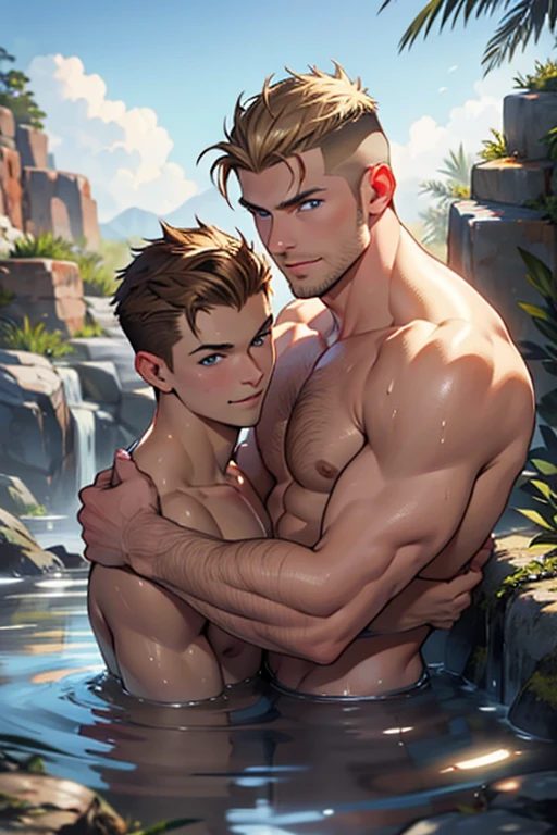 2 men. Photorealistic, far view. A wet, young, tall, handsome, Caucasian man, with short, crew-cut, sandy blonde hair with shaved sides, and blue eyes. A wet, young, tall, handsome, Caucasian man, with short, brown hair with shaved sides, stubble, and blue eyes. They are hugging in a steaming hot spring, surrounded by rocks, and plants, on a cold morning, smiling, looking at the camera.