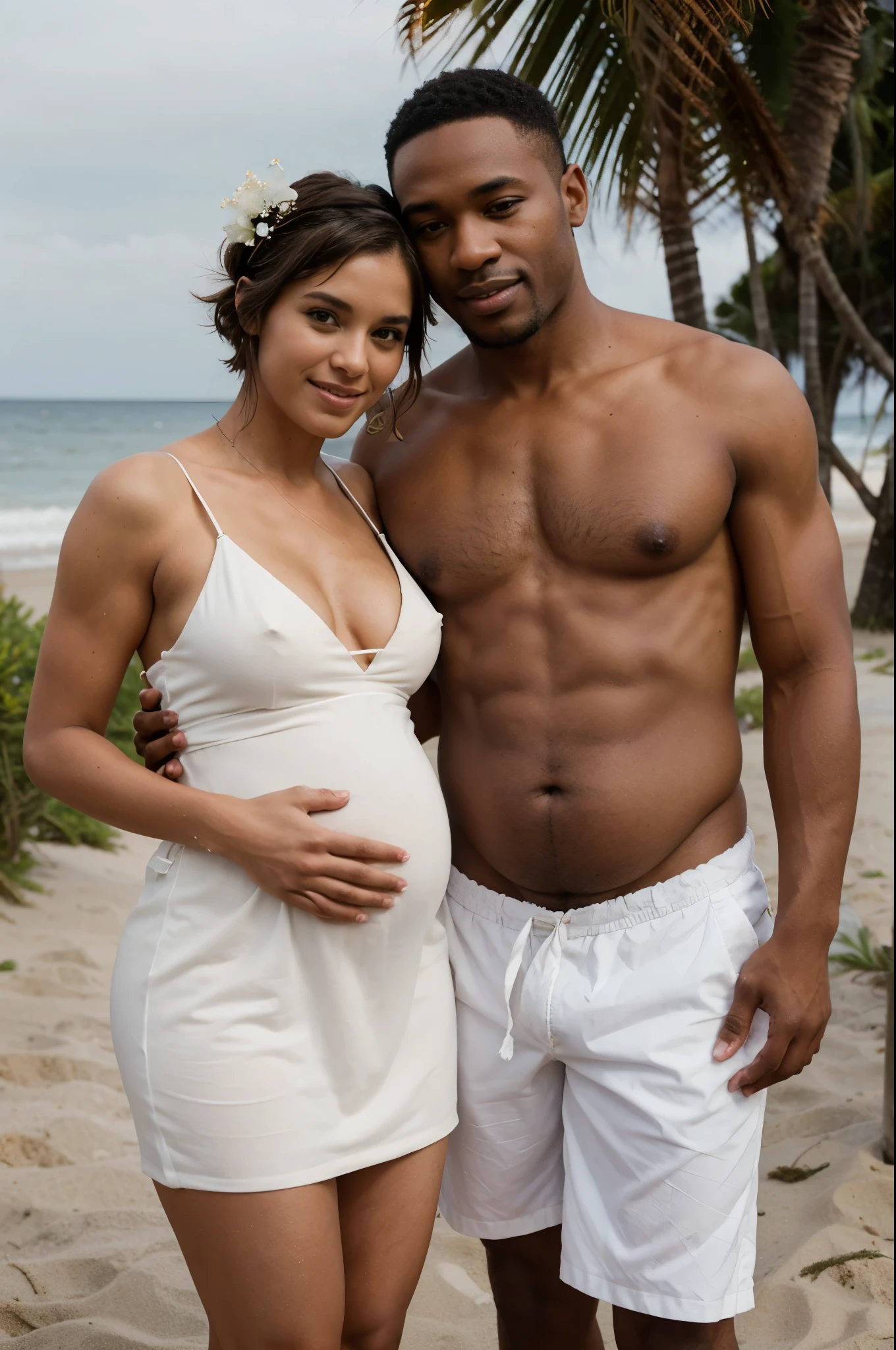 Black man hugging naked white pregnant bride with short brown hair and hairy pubis holding flowers at beach wedding ceremony