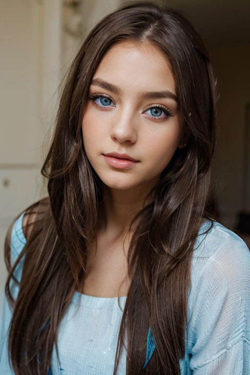 a beautiful girl with light brown long hair and light blue eye s and with beautiful black sparkel desin dresand some beautful simple make up on her fases in the outside
