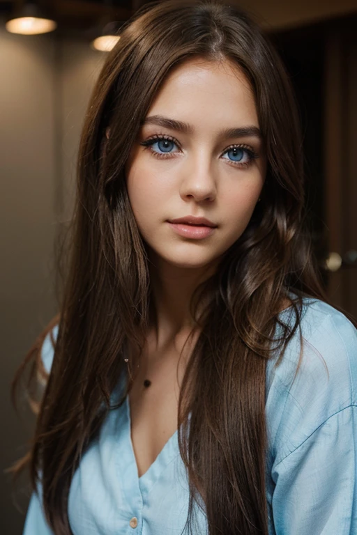 a beautiful girl with light brown long hair and light blue eye s and with beautiful black sparkel desin dresand some beautful simple make up on her fases in the outside
