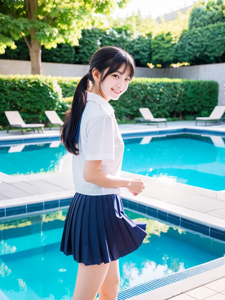 beautiful japanese high school girl complex colored black hair ponytail Magical beautiful eyes super dense skin gentle smile (school uniform:1.5) navy pleated skirt mini skirt (Walking by the pool:1.3) summer sunshine clear blue pool Professional photographer professional lighting (whole body:1.5)