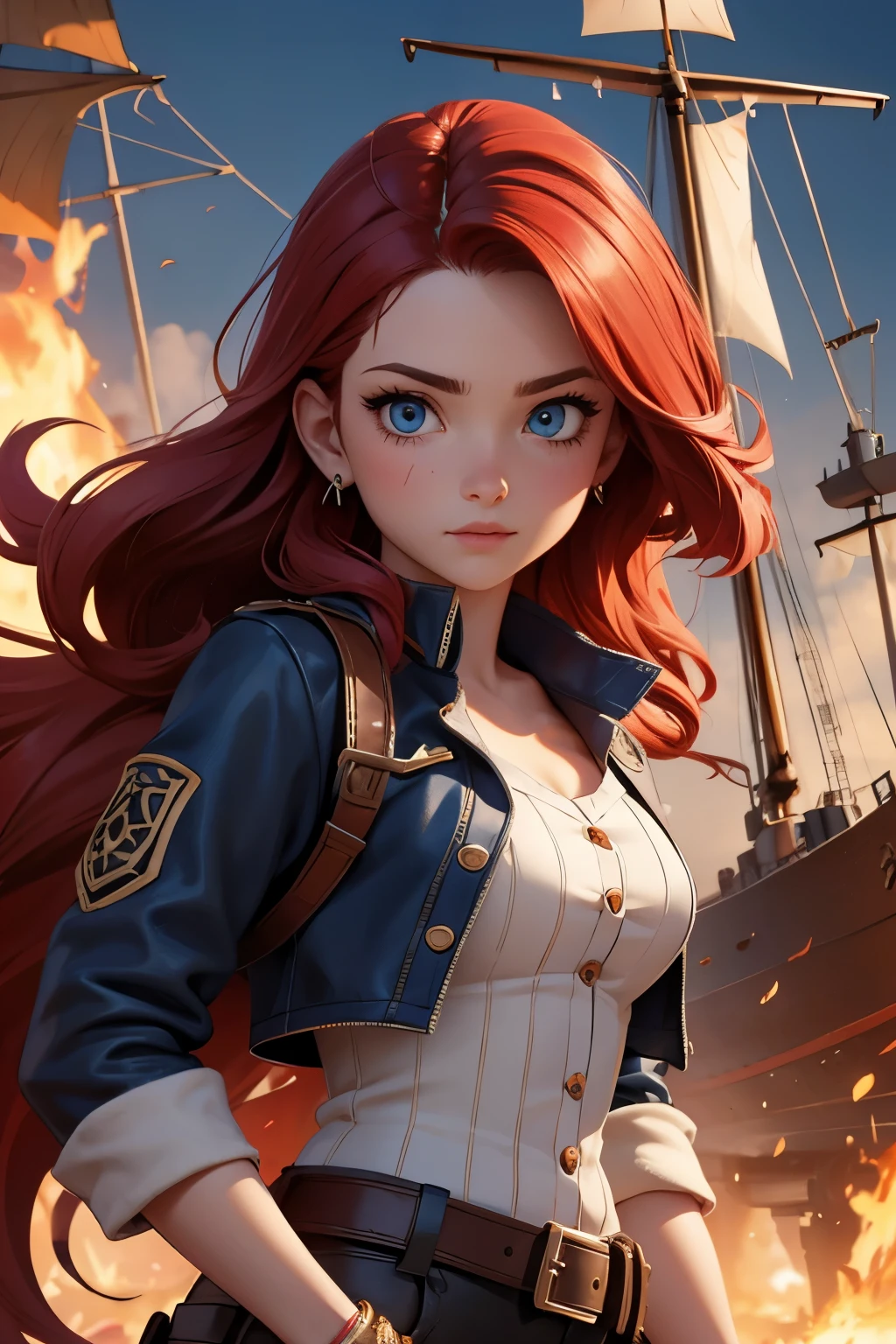 (good quality:1.2), (Ultradetailed:1.2), (ultradetailed face:1.2), (detailed blue eyes:1.2), (ultradetailed body:1.2), young girl with pistole, red hair, scars, pirate, black ship, night, battlefield, fire in the background
