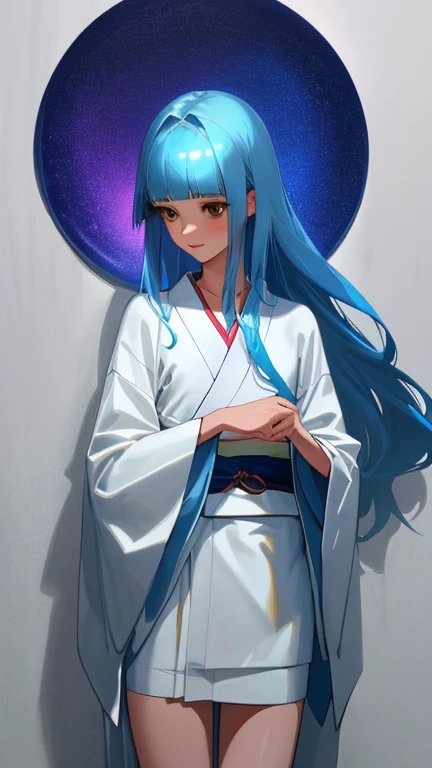 {{{{amazing quality, great quality, high quality, very aesthetic, aesthetic, best quality}}}},
realistic, photo, shadow, Three-dimensional, absurdres, Digital art,
{{{{Magical girl}}}}, beautiful girl, one girl,
light blue hair, long straight hair, hair, trimmed hair, shiny hair, blunt bangs, short sideburns,
brown eyes, tareme,
{{flat chest}}, {{small breasts}}, {{detailed body}}, slim thighs, thin thighs, white kimono, yellow kimono obi, skull-shaped hair ornament, No panties, no bra, ,
