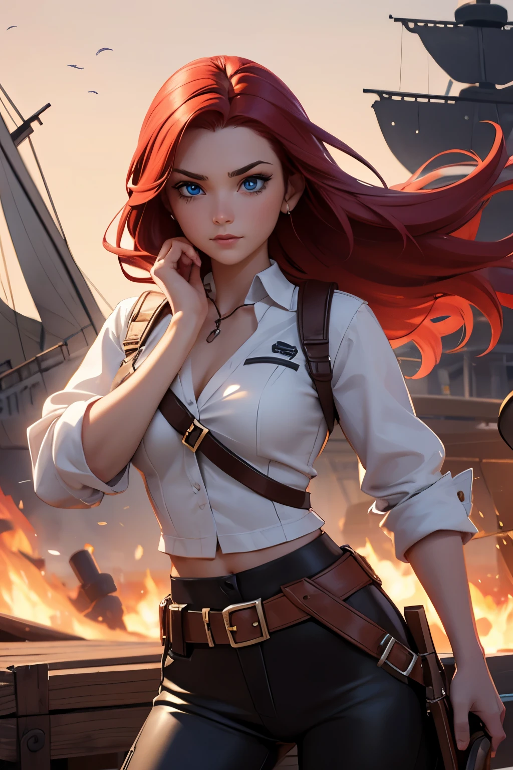 (good quality:1.2), (Ultradetailed:1.2), (ultradetailed face:1.2), (detailed blue eyes:1.2), (ultradetailed body:1.2), young girl with pistole, red hair, scars, pirate, black ship, night, battlefield, fire in the background