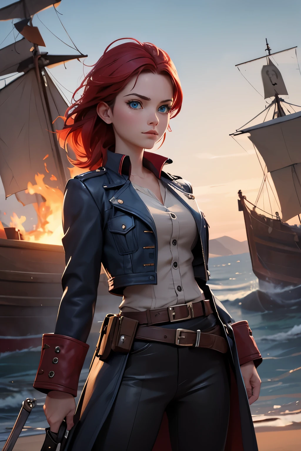 (good quality:1.2), (Ultradetailed:1.2), (ultradetailed face:1.2), (detailed blue eyes:1.2), (ultradetailed body:1.2), young girl with old pistole, red hair, scars, pirate, black ship, night, battlefield, fire in the background