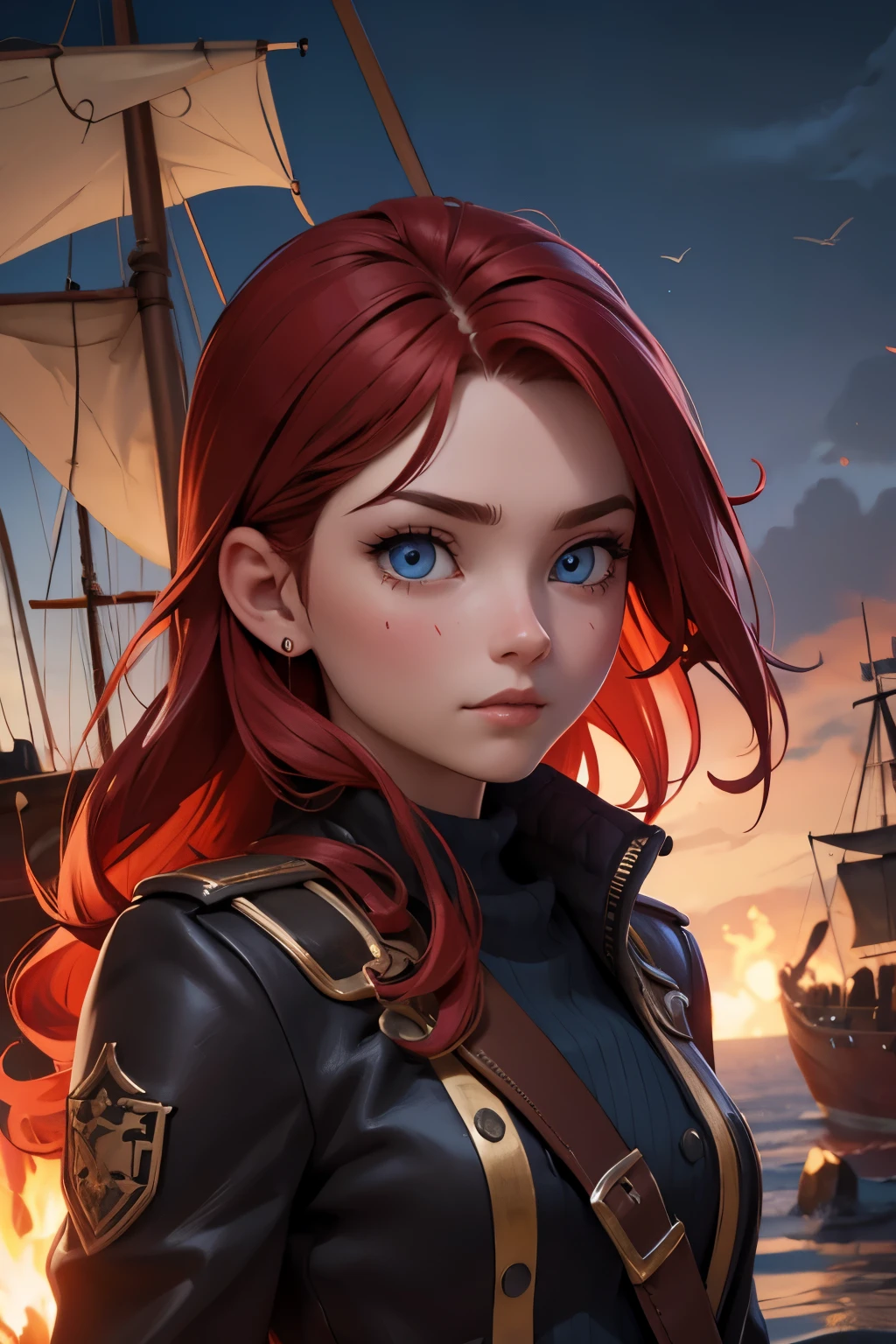 (good quality:1.2), (Ultradetailed:1.2), (ultradetailed face:1.2), (detailed blue eyes:1.2), (ultradetailed body:1.2), young girl with old pistole, red hair, scars, pirate, black ship, night, battlefield, fire in the background