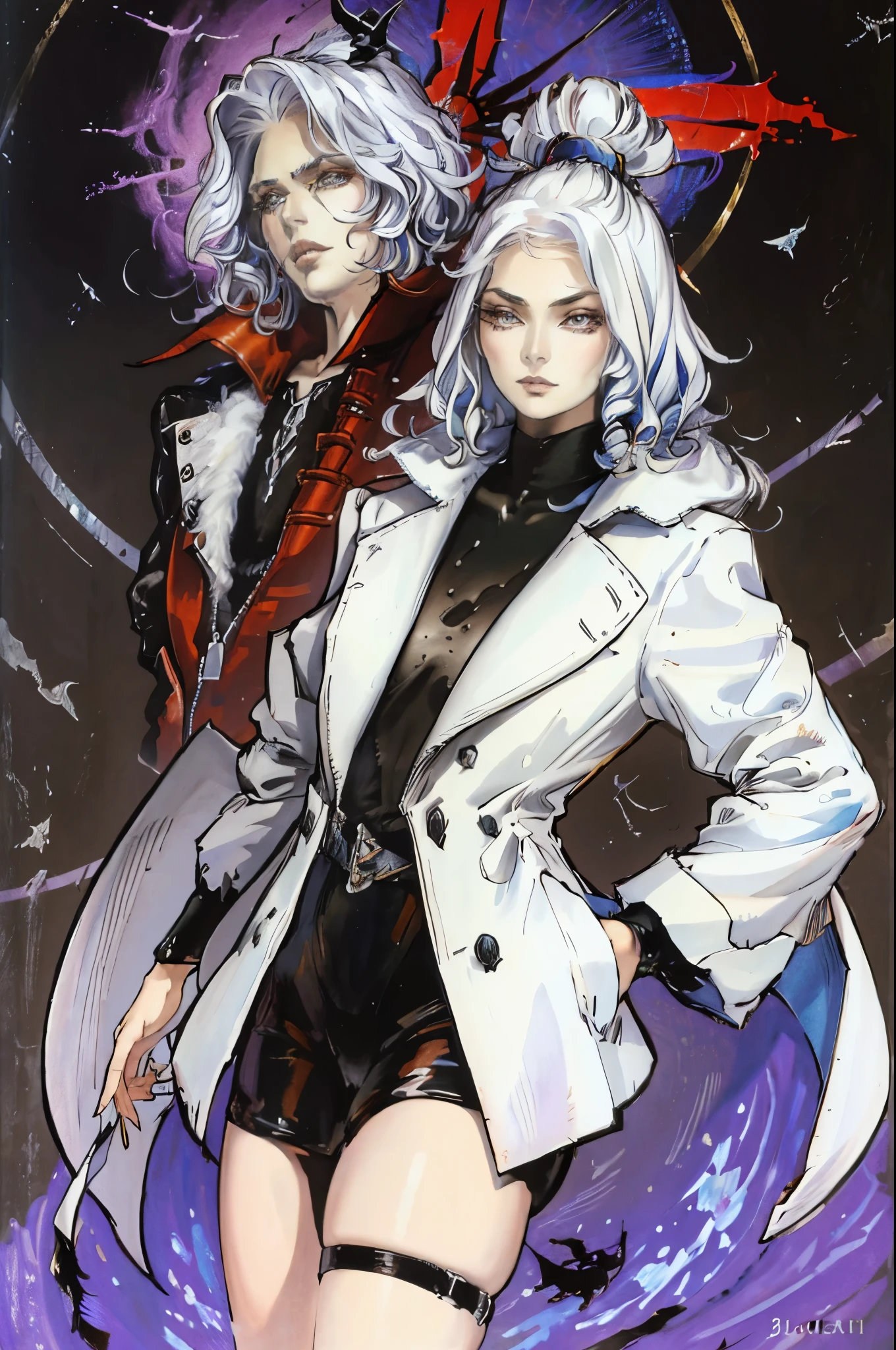 a woman, white hair, rainbow-colored eyes, black coat, high boots, ayami kojima