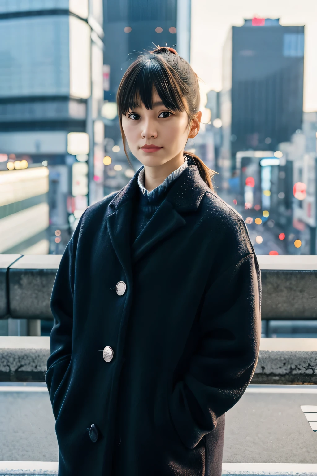 realistic, 8K full-length portrait, Beautiful woman, attractive look, Ponytail with bangs, Clear type, 16 years old, Tokyo, winter, Shibuya in the background, looking at the viewer, facing forward,