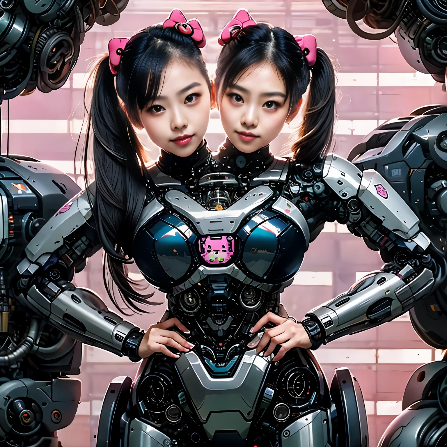 best resolution, 2heads, asian cyborg woman with two heads, pigtails hair, pink robot body, hello kitty stickers, mechanical background