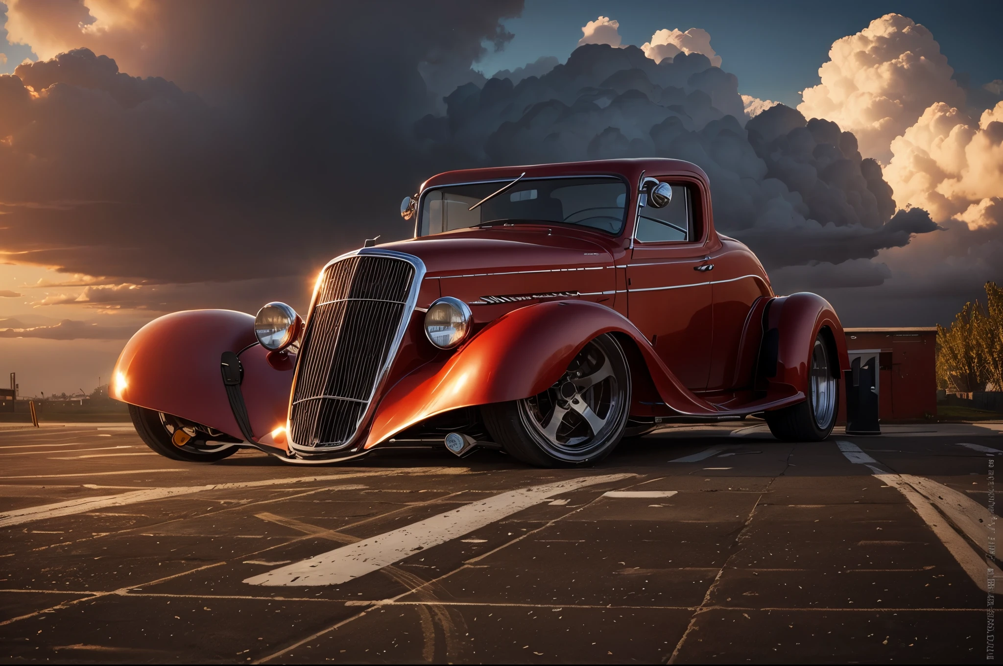 A RED Hot Rod in a parking lot in a beautiful day at dusk