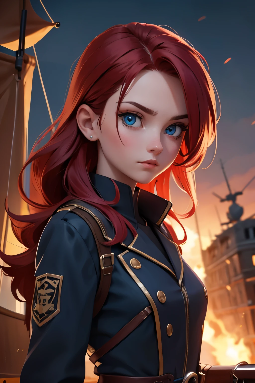 (good quality:1.2), (Ultradetailed:1.2), (ultradetailed face:1.2), (detailed blue eyes:1.2), (ultradetailed body:1.2), young girl with old pistole, red hair, scars, pirate, black ship, night, battlefield, fire in the background