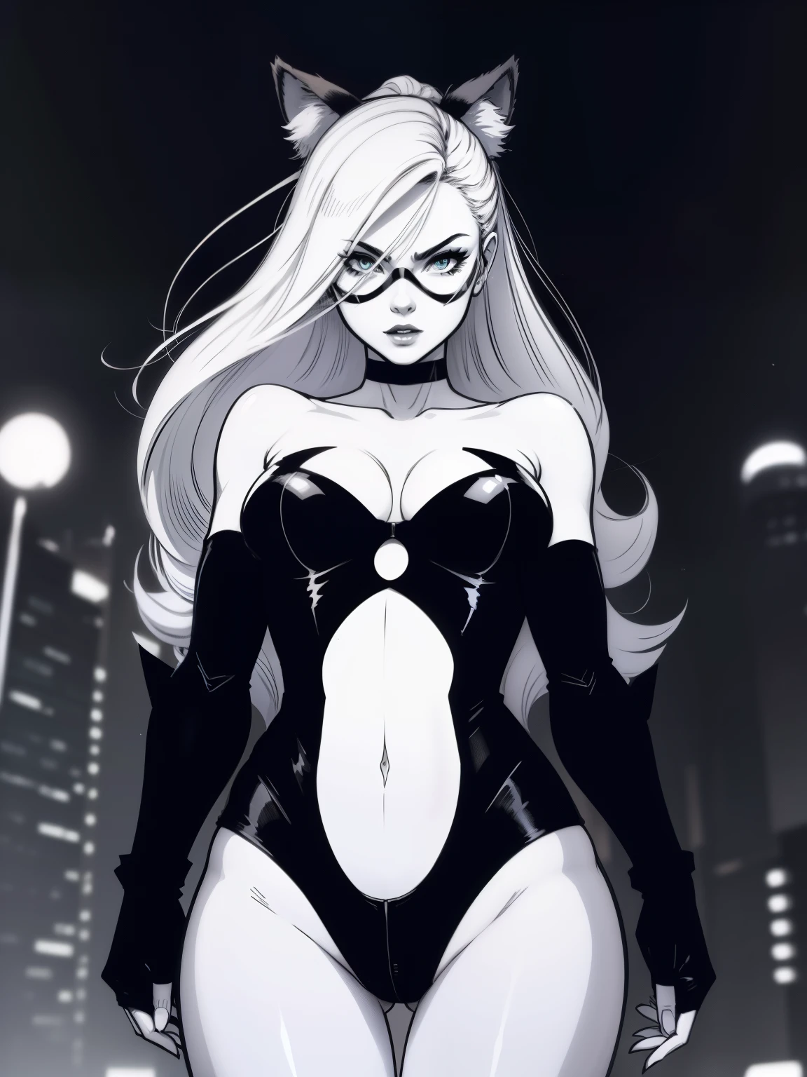 (((A comic style, cartoon art))). Black Cat, a Spider-man universe character, with her as the central figure. She is standing with her hands on her hips, looking straight ahead with determination. She wears a black costume, with cat ears and a mask. She has short, straight blonde hair, green eyes and red lips. Hot Body, sexy, sensual. She is surrounded by a night city, with lights and shadows. She has a mysterious and seductive expression, as if she is ready to act.