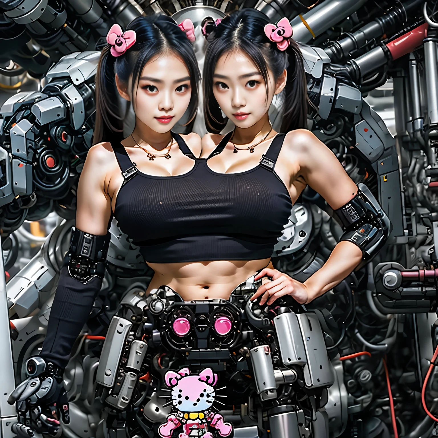 best resolution, 2heads, asian cyborg woman with two heads, pigtails hair, pink robot body, hello kitty stickers, mechanical background