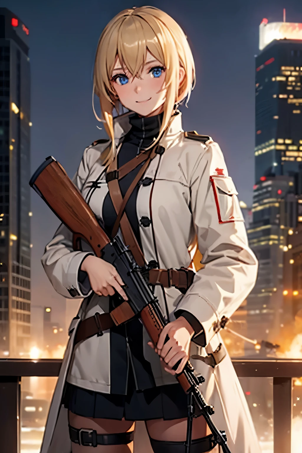 Adult Female Solo、Girls&#39; Frontline 2、mosin-nagant、mosin nagant、messy blonde semi-short hair(one knot)、blue eyes、smile、smart turtleneck(Brown)、white tactical coat、Shoulder Belt、soviet union logo、Wooden rifle(mosin nagant)、Smart Poses、Los Angeles cityscape、high quality、high resolution