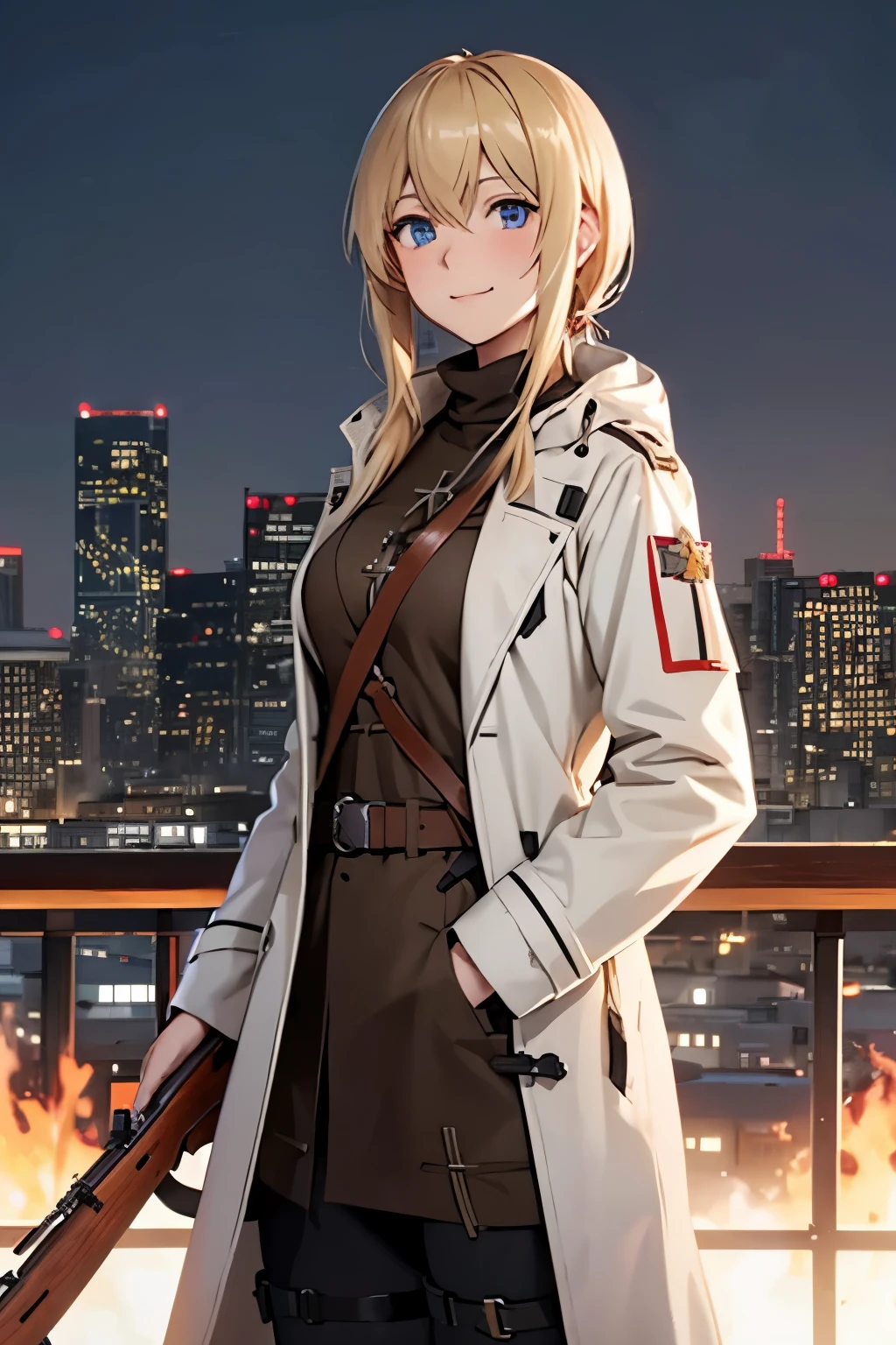 Adult Female Solo、Girls&#39; Frontline 2、mosin-nagant、mosin nagant、messy blonde semi-short hair(one knot)、blue eyes、smile、smart turtleneck(Brown)、white tactical coat、Shoulder Belt、soviet union logo、Wooden rifle(mosin nagant)、Smart Poses、Los Angeles cityscape、high quality、high resolution