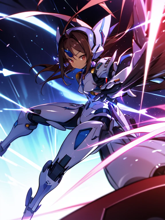 Masterpiece, best quality, highres, amazing quality, alita battle angel, flat chested, male, ,8 year old boy, shota, (Dark skin), cute, red eyes, very long dark brown hair, white mecha musume armour, white exosuit armour, black powersuit, android girl disgaea, (mecha eargear), white mecha armour leggings and white mecha gaunlets, no game no life Shuvi, (infinite stratos Byakushiki),