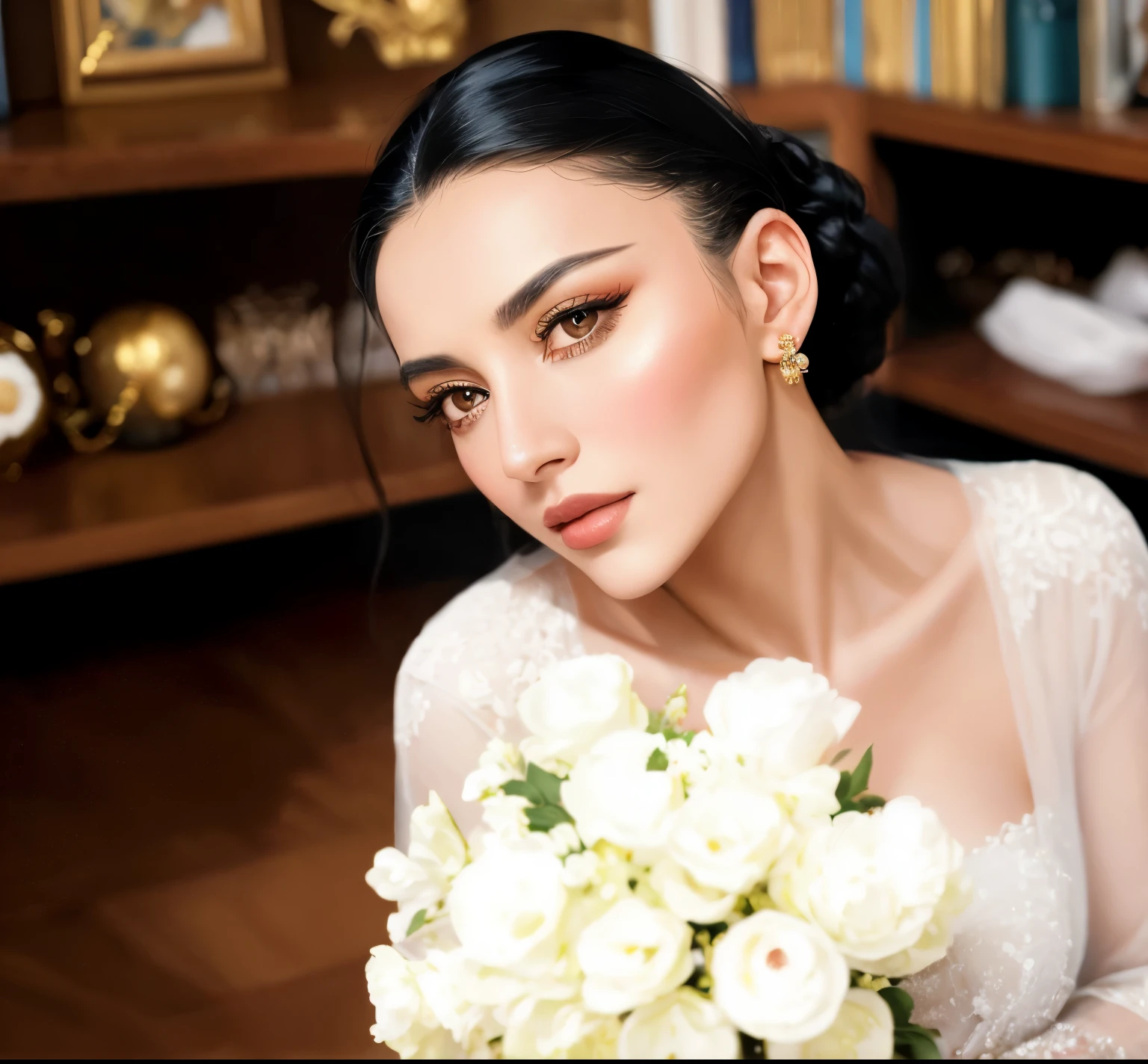 A striking Georgian noble woman from the twentieth century is depicted in this mesmerizing portrait. She possesses lustrous black hair that cascades down to her shoulders, accentuating her allure. With a commanding gaze that demands attention, her piercing eyes seemingly penetrate the viewer's soul. This realistic picture captures her elegant features and regal demeanor, transporting the audience to a realm of timeless beauty. The image, whether a painting or photograph, exudes impeccable detail and is of exceptional quality, allowing viewers to fully appreciate the charisma and elegance exuded by this captivating Georgian woman.