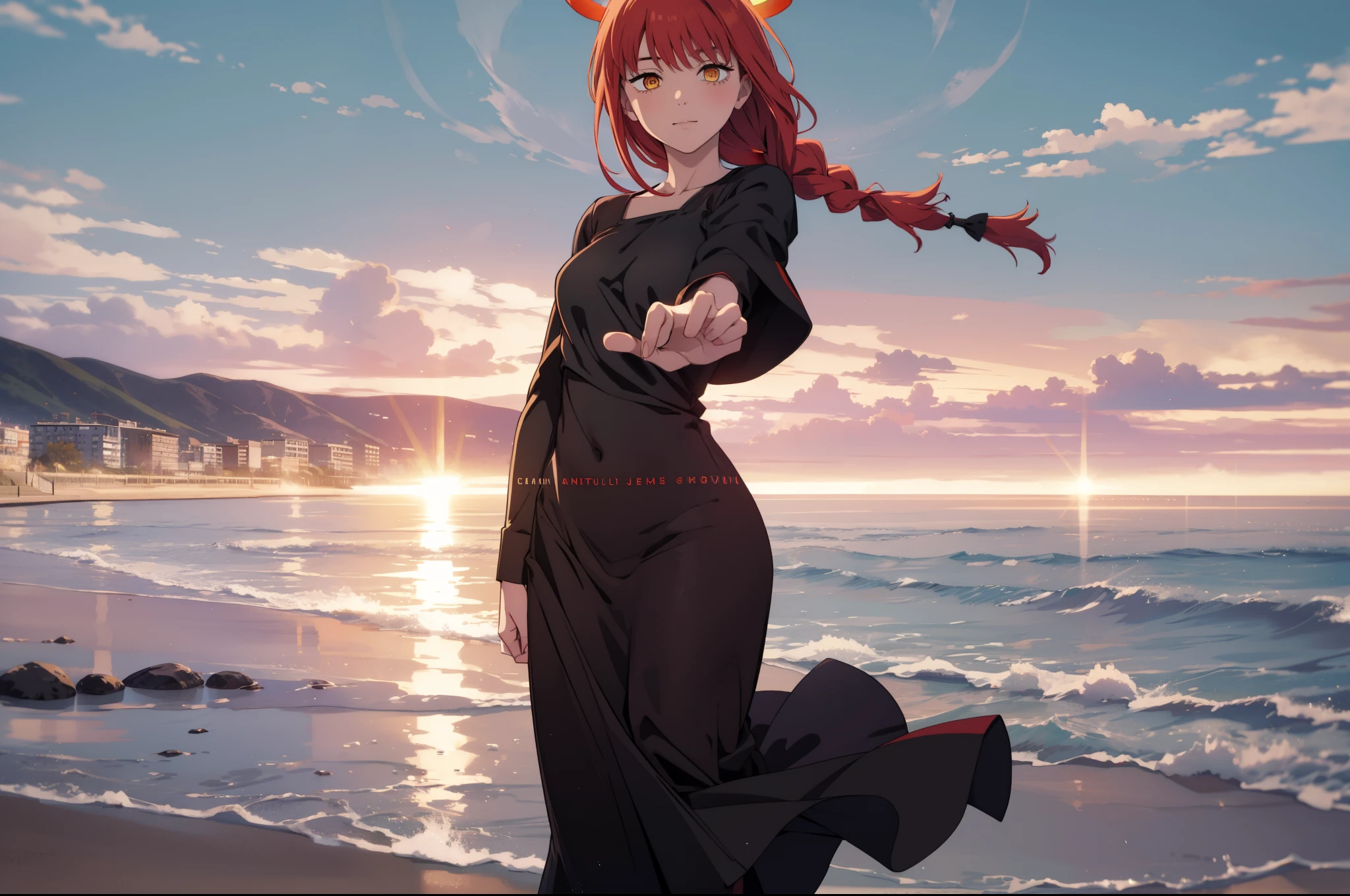 **girl on the beach walking with a black dress on a beach at sunset, big ass,outstretched hand, red sky,tall girl, ((halo)), tight dress, looking at the viewer, red hair, in a braid, masterpiece ,makima(chainsaw man),perfect hands, good anatomy ,makima,makima (chainsaw man)