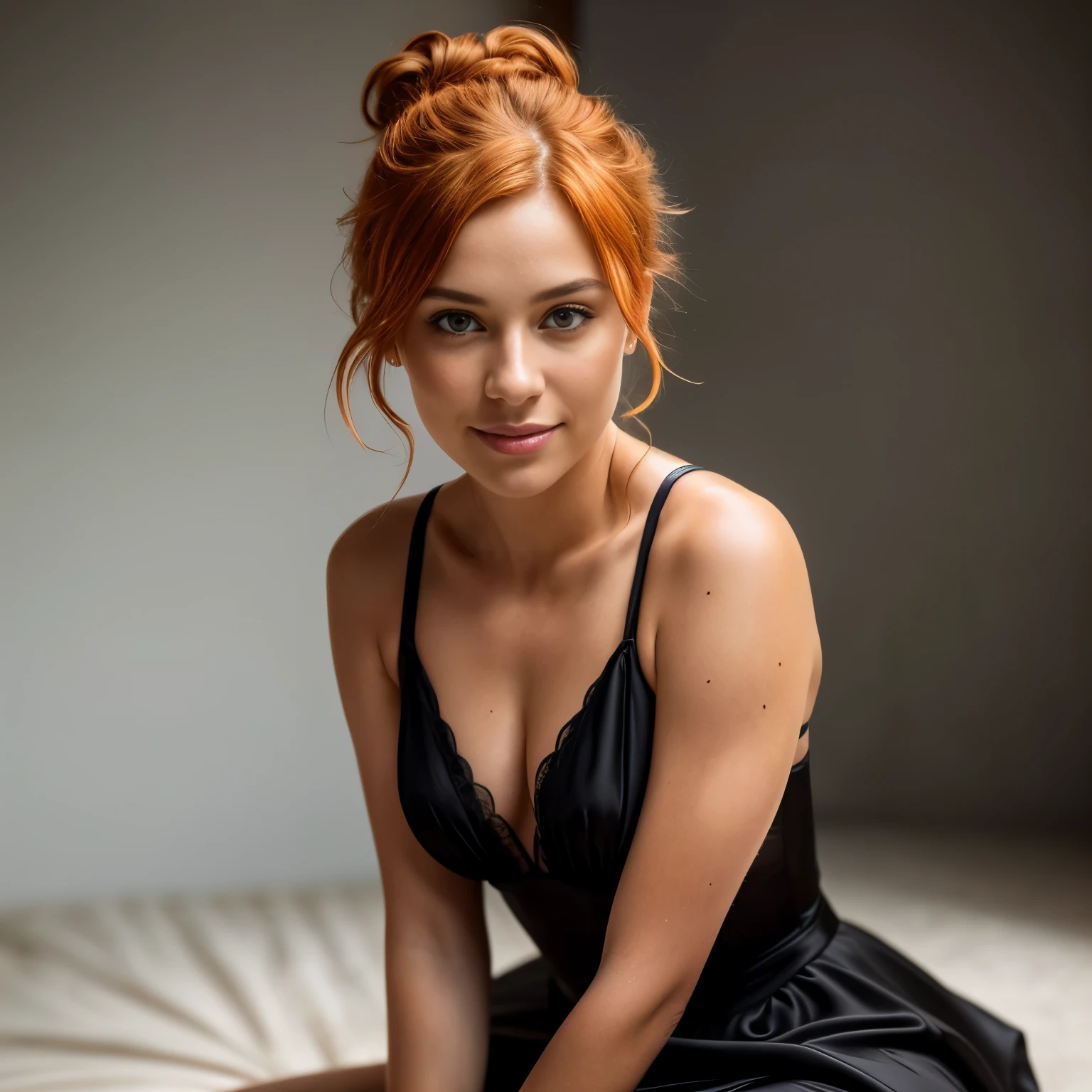 Beautiful and sexy European woman with light brown eyes, 25 years old, strong and vibrant short orange hair the girl is wearing a beautiful black party dress, high heels, full subject shown in the photo, abstract light background, girl is in focus, blurred background, depth of field, sarcastic smile, girl is looking to the side, girl is not looking at the camera, complete subject appears in the photo, bare legs, no nudity, hair in a messy bun, light brown eyes, vibrant orange hair slim waist, very detailed, innocent face, face length 1.3 times the width of the face, almond-shaped eyes, square face shape, high cheekbones, naturally wavy hair, honey eyes, high resolution, artwork, best quality , intricate details, very detailed, sharp focus, detailed skin, realistic skin texture, texture, detailed eyes, professional, 4k, charming smile, shot with Canon, depth of field, Kodak Vision Colors, Perfectly fitted body, extremely detailed, photo_\ ( ultra \), photorealistic, realistic, post-processing, Maximum detail, roughness, Real life, ultrarealistic, photorealism, photography, 8K Ultra HD, photography