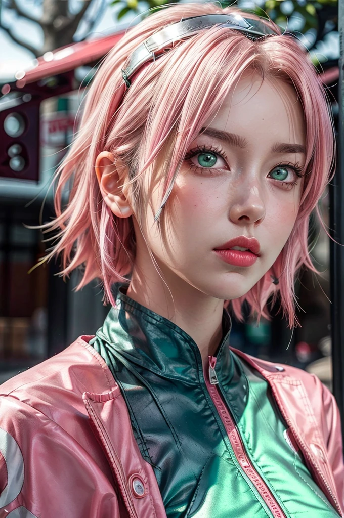 young woman, white skin, long bubblegum pink hair, wide forehead, pink eyebrows, big emerald green eyes, upturned nose, full lips, heart-shaped face, pink suit, high detail, sharp focus, Sakura Haruno, realistic, realism, 3d