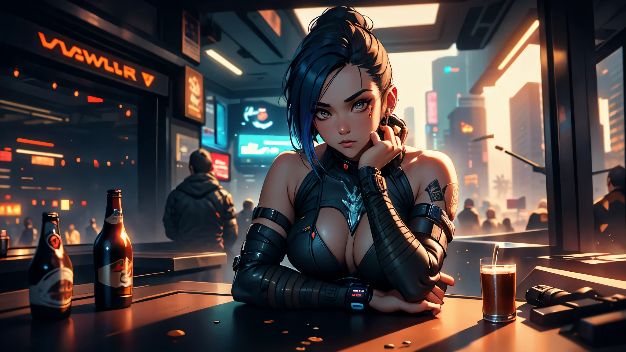 There's a man sitting at a table with a bottle of beer, cyberpunk judy alvarez, cyberpunk 2077”, in Cyberpunk 2077, (Cyberpunk 2077), in ciberpunk 2 0 7 7 cp 2 0 7 7, ciberpunk 2 0 7 7 ), Cyberpunk 2077), ( ciberpunk 2 0 7 7
