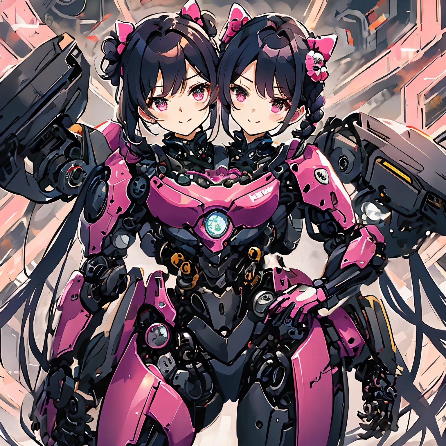 best resolution, 2heads, asian cyborg woman with two heads, pigtails hair, pink robot body, hello kitty stickers, mechanical background