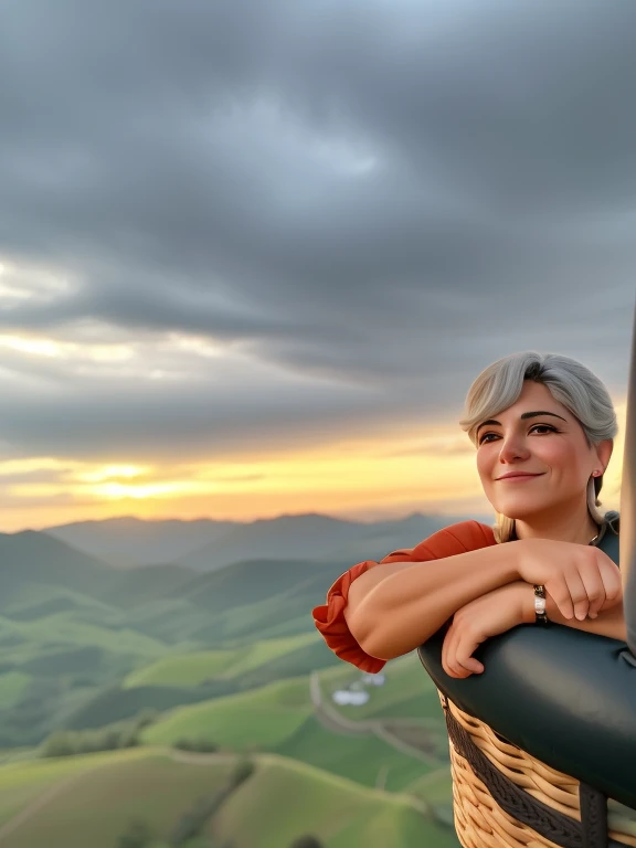 mulher de 45 anos, cabelos brancos e curtos, sitting in an air balloon basket ,olhando para um vale, Sunset view, during sunset, during a sunset, looking at sunset, Vista de cima, at sunset, in a beautiful sunset, durante a hora dourada, Sky - High View, looking at sunset, at sunset, durante o nascer do sol, Sunset and big clouds behind her, Looking at a sunset, ao nascer do sol