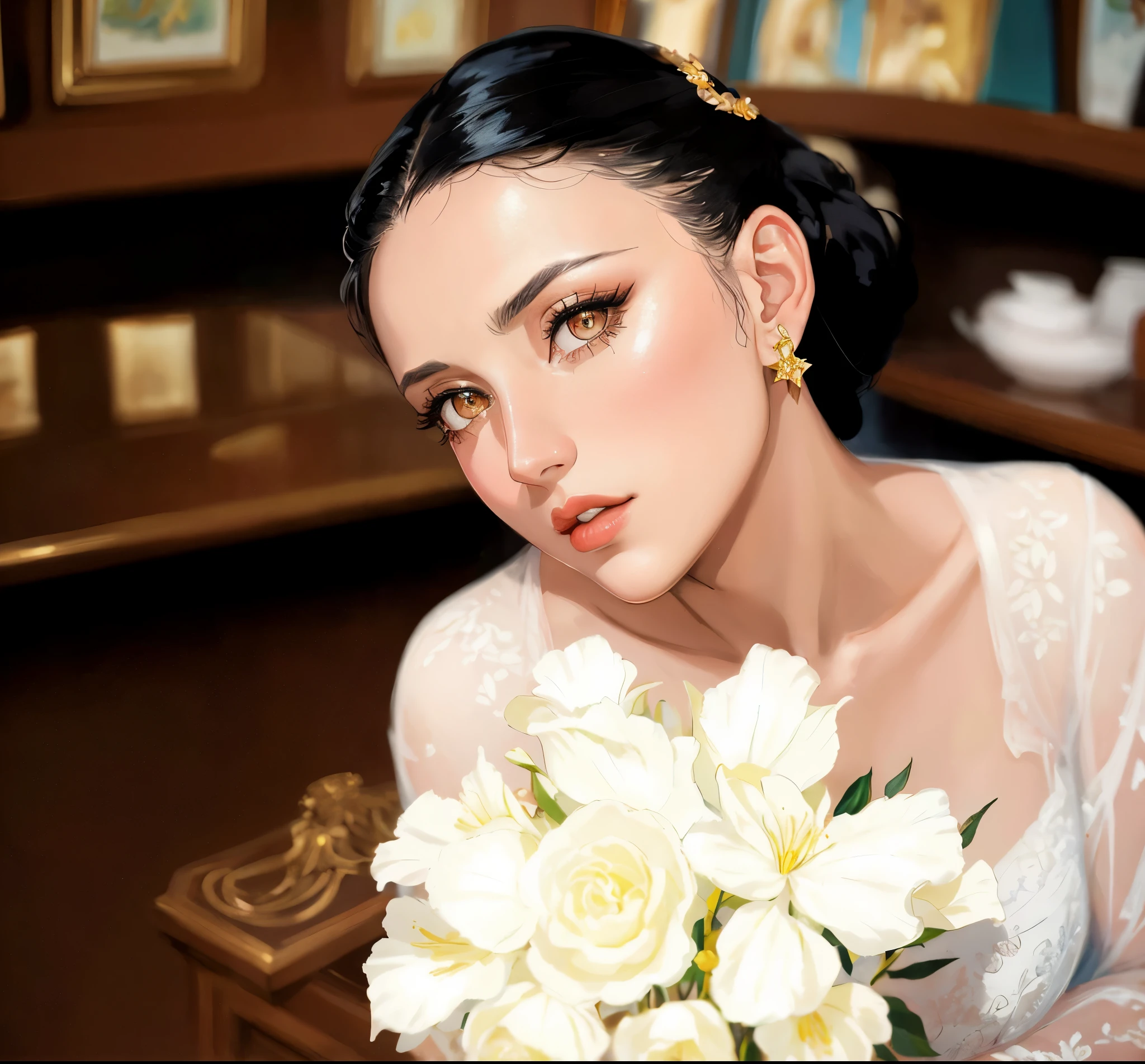 A striking Georgian noble woman from the twentieth century is depicted in this mesmerizing portrait. She possesses lustrous black hair that cascades down to her shoulders, accentuating her allure. With a commanding gaze that demands attention, her piercing eyes seemingly penetrate the viewer's soul. This realistic picture captures her elegant features and regal demeanor, transporting the audience to a realm of timeless beauty. The image, whether a painting or photograph, exudes impeccable detail and is of exceptional quality, allowing viewers to fully appreciate the charisma and elegance exuded by this captivating Georgian woman.