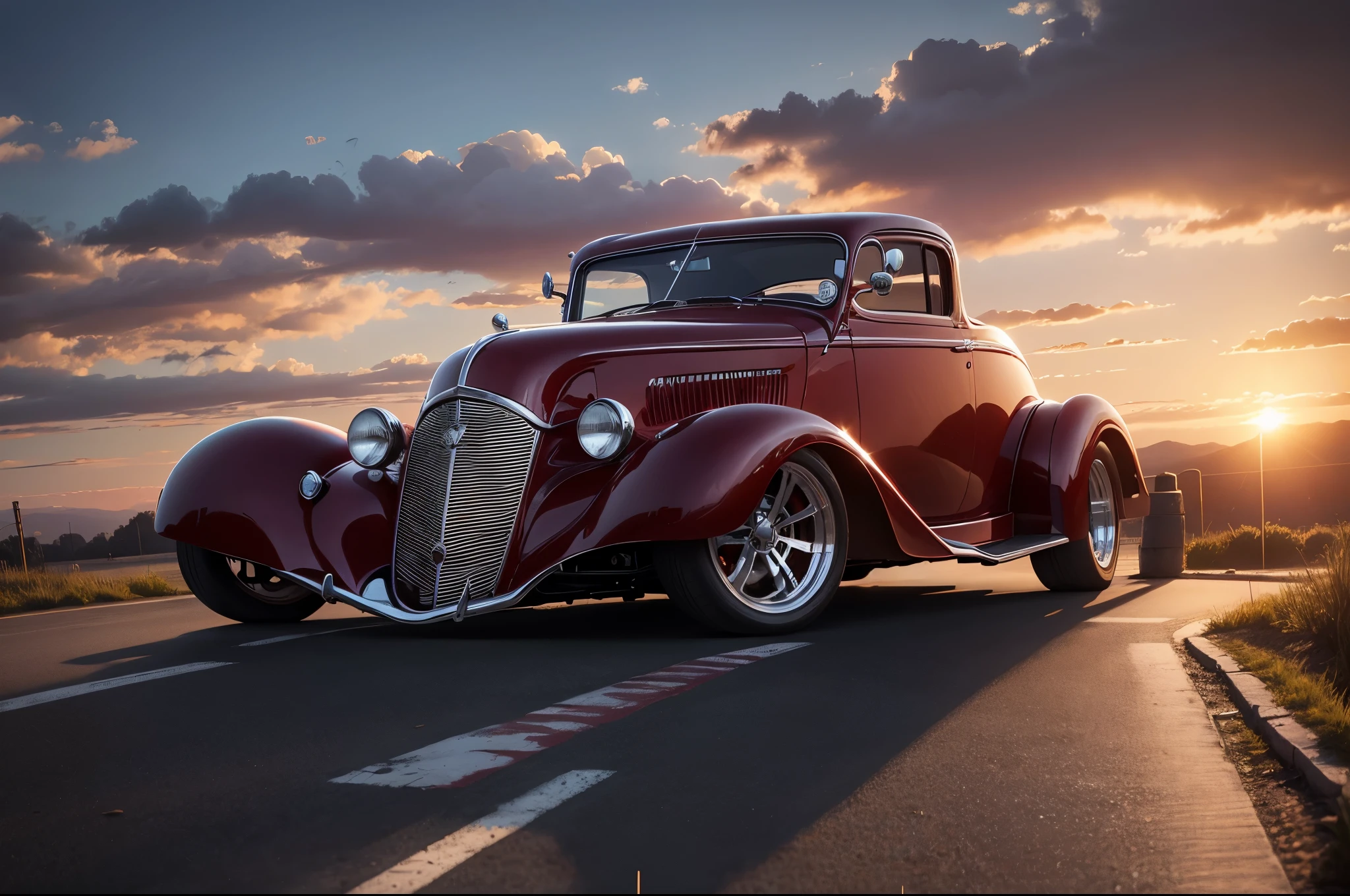 A RED Hot Rod in a parking lot in a beautiful day at dusk