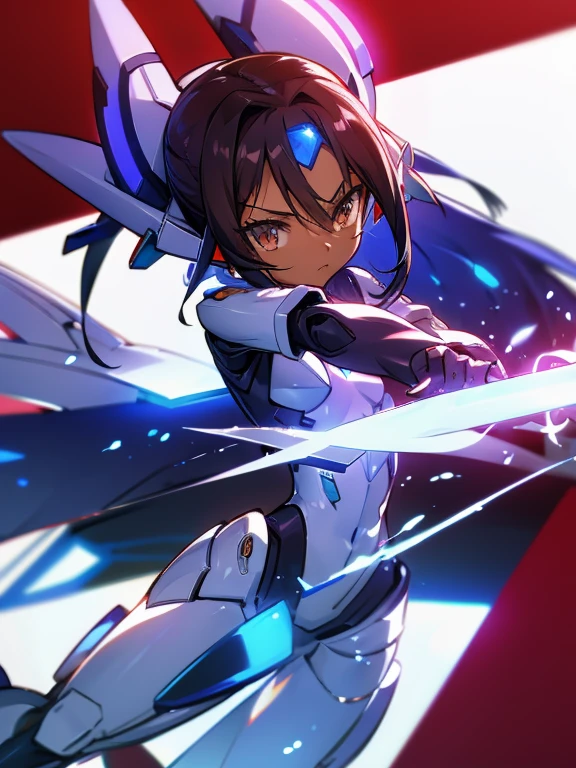 Masterpiece, best quality, highres, amazing quality, alita battle angel, flat chested, male, ,8  boy, shota, (Dark skin), cute, red eyes, very long dark brown hair, blue gem on forehead, white mecha musume armour, white exosuit armour, black powersuit, android girl disgaea, (mecha eargear), white mecha armour leggings and white mecha gaunlets, no game no life Shuvi, (infinite stratos Byakushiki),