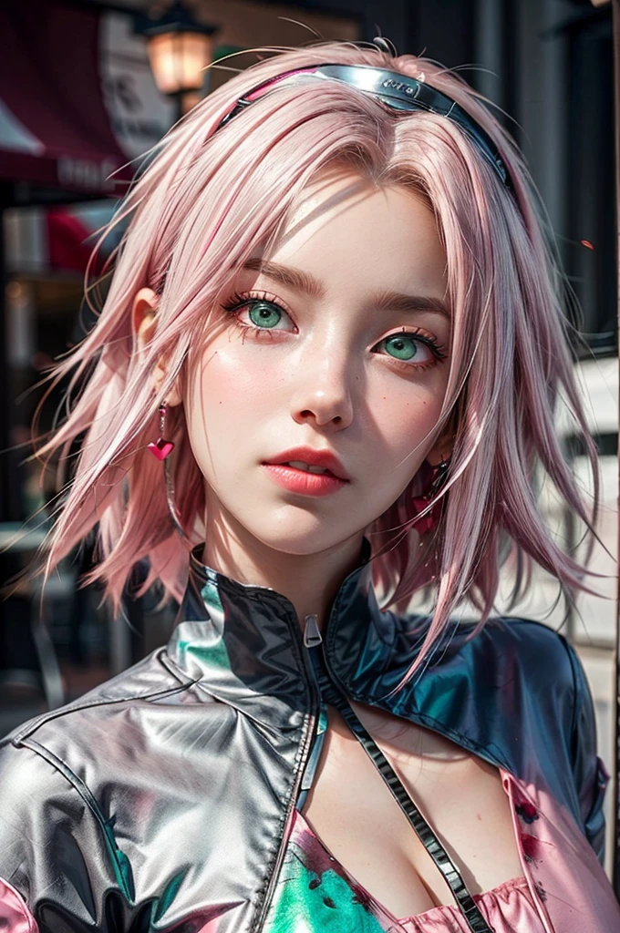 young woman, white skin, long bubblegum pink hair, wide forehead, pink eyebrows, big emerald green eyes, upturned nose, full lips, heart-shaped face, pink suit, high detail, sharp focus, Sakura Haruno, realistic, realism, 3d