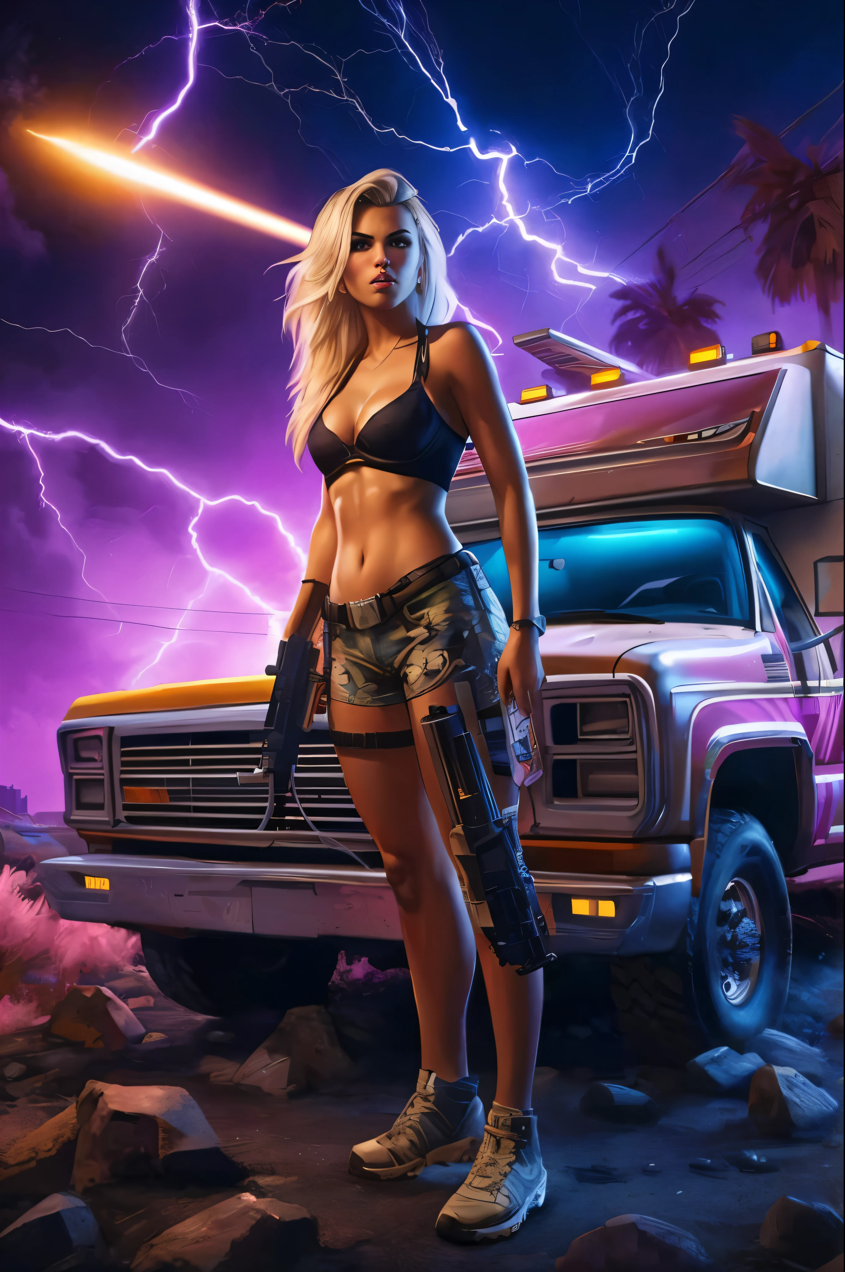 Arafed woman in bikini standing next to a truck with a gun, 2D Game Art GTA Cover, 2 D Game Art GTA Cover, cyberpunk 2 0 years. Oh chica modelo, GTA cargando arte de pantalla, synth wave art style ]!!, epic microwave art, James Gurney estilo de pintura, 2D Game Art GTA5 Cover, Detailed lighting and thunder..