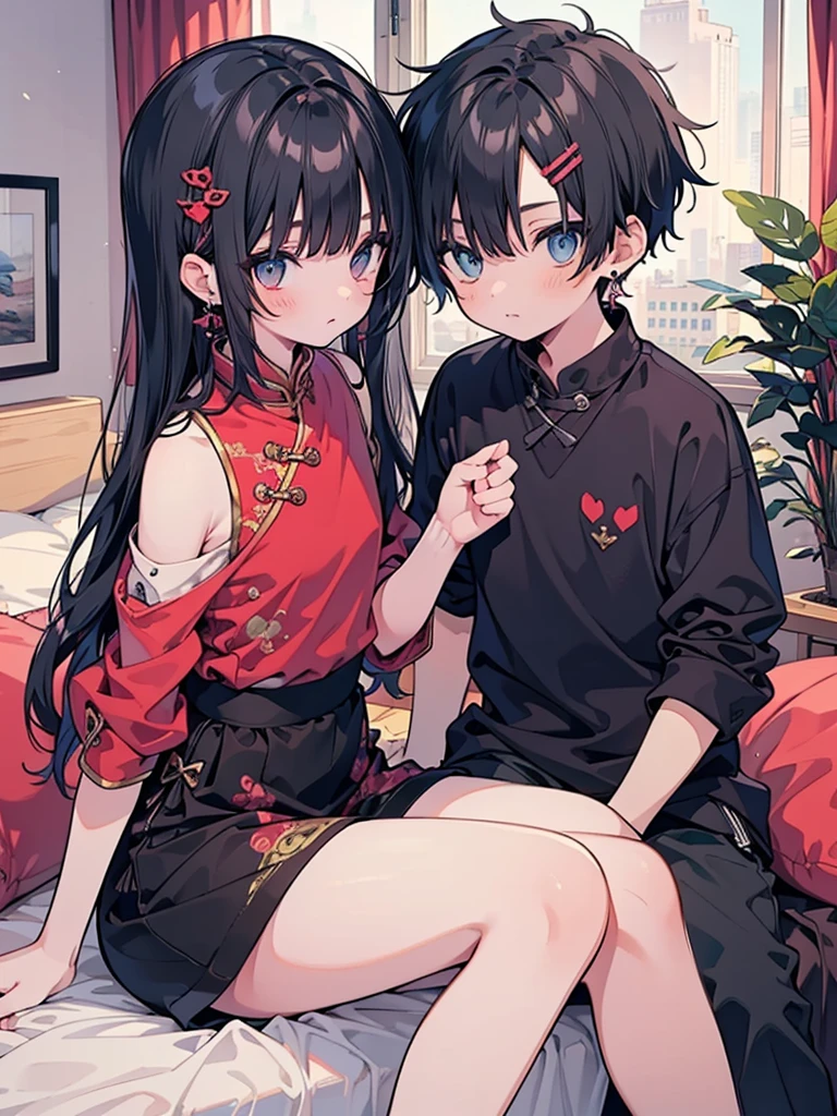 (masterpiece), best quality, perfect face, 1boy, sollo, a boy in cheongsam, short hair with long locks, hairpins, earrings, off-shoulder, bare legs, teen boy ,(skinny),bedroom