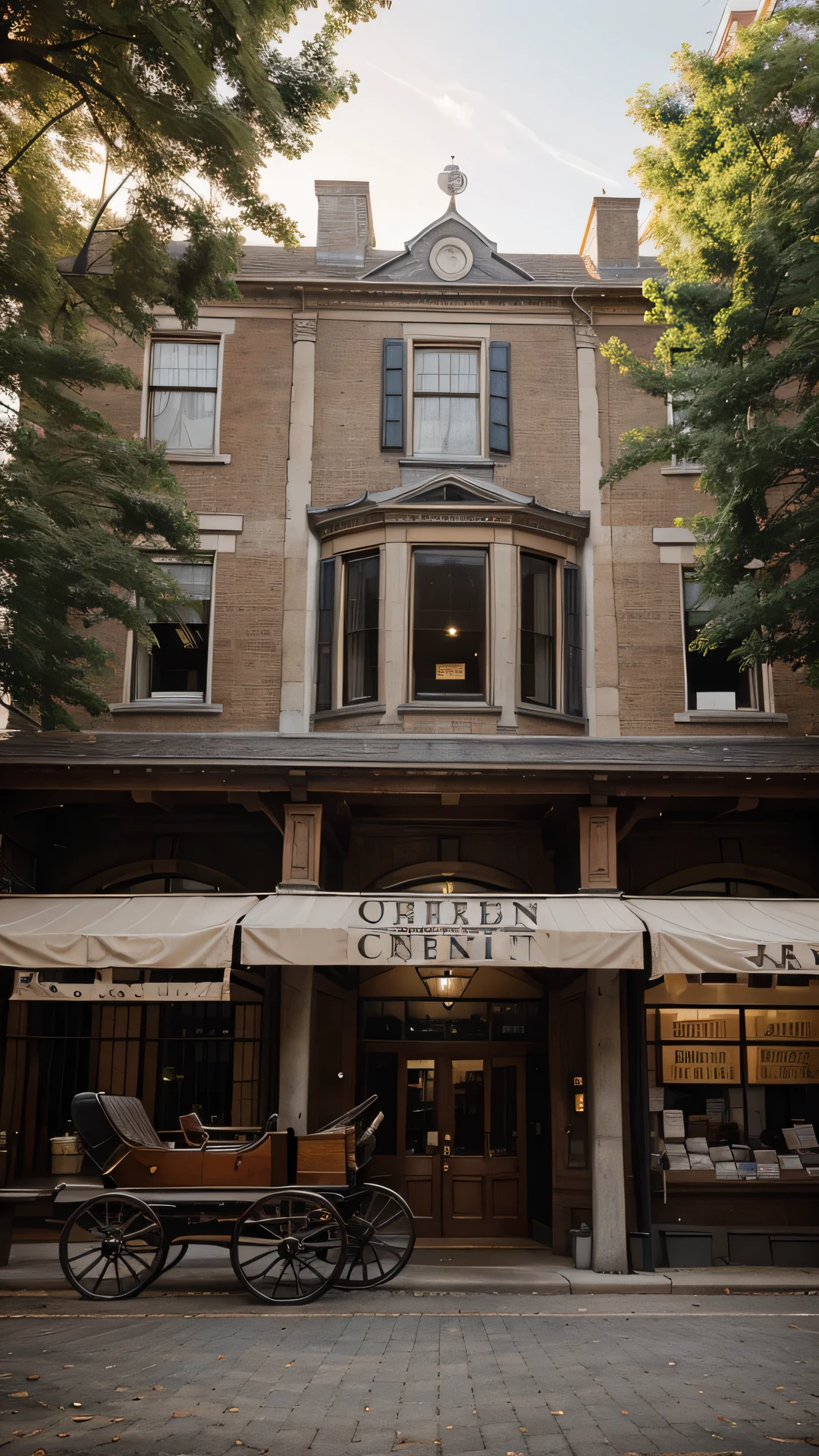 Generate an historically accurate image of The Sun newspaper headquarters in 1835. Envision a bustling scene outside the building, capturing the architectural details of the exterior. Include elements such as people in period attire, horse-drawn carriages, and signs or symbols indicating the presence of a newspaper office. Pay attention to the materials used in the construction of the building, reflecting the architectural styles of the time. Incorporate subtle historical details that evoke the ambiance of 1835, such as gas lamps, cobblestone streets, or period-accurate signage. Use a color palette and lighting that convey the atmosphere of the era. Craft an image that transports viewers to the setting of The Sun newspaper during the mid-19th century.