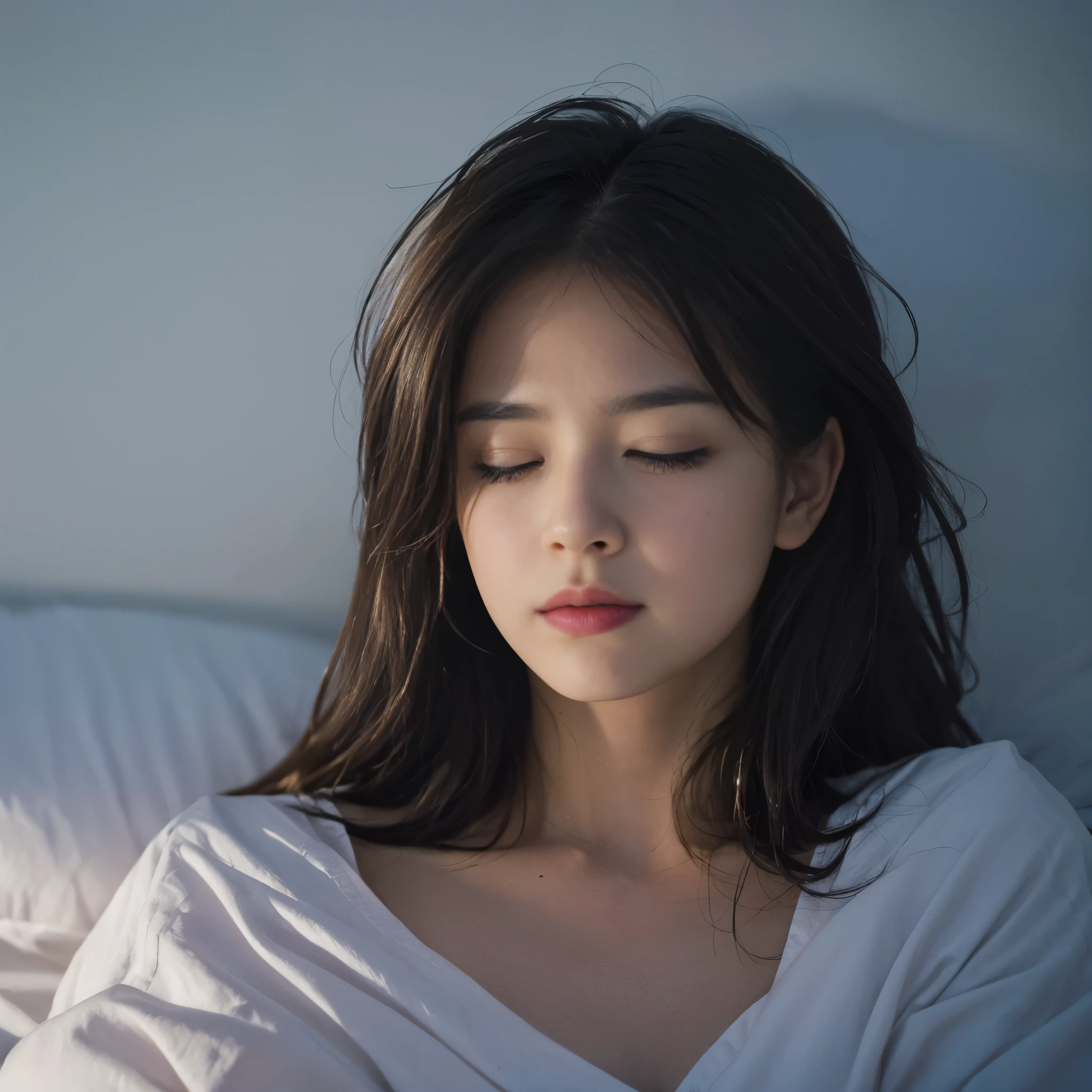 8 thousand, best quality, masterpiece, ultra high resolution, (realistic:1.7), RAW photos, 1 woman, in the dark, deep shadows, low key, cold light, an exceptionally beautiful face, messy hair, silk imports, close one's eyes, Restful sleep, lying in bed, The mouth opens slightly., Slightly chin up, whole body, Climax
