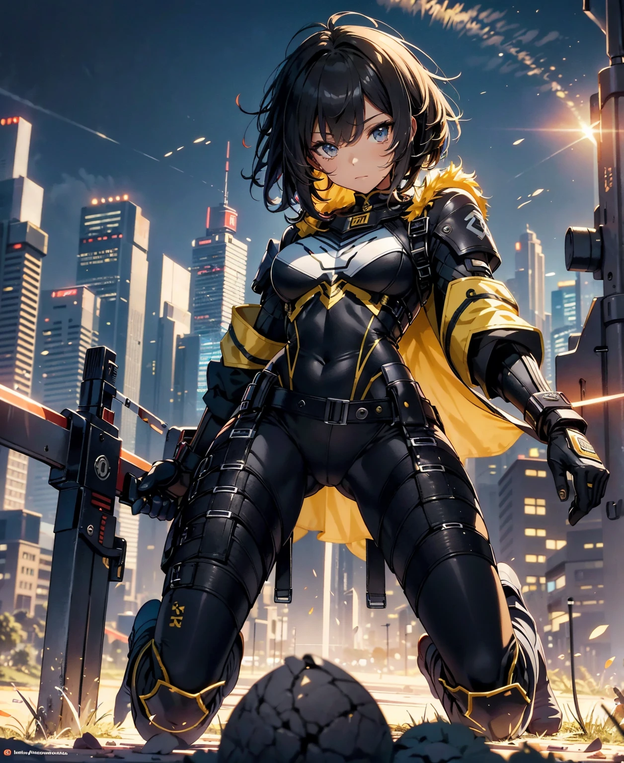 best quality,T Masterpiece,ultimate resolution,fluff,very colorful,colorful,female combatant,(kneeling pose)(pointing at you with his butt)mature woman,Black Super Short Hair,tight combat uniform,tight suit,Steel City Background,night,normal posture,normal posture