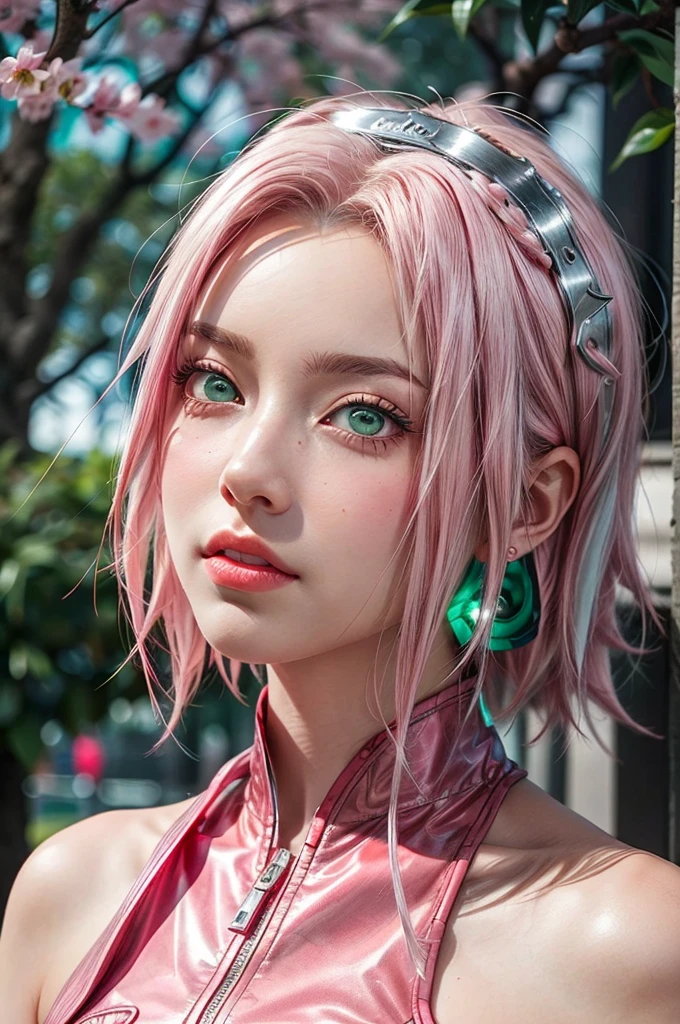 young woman, white skin, long bubblegum pink hair, wide forehead, pink eyebrows, big emerald green eyes, upturned nose, full lips, heart-shaped face, pink suit, high detail, sharp focus, Sakura Haruno, realistic, realism, 3d