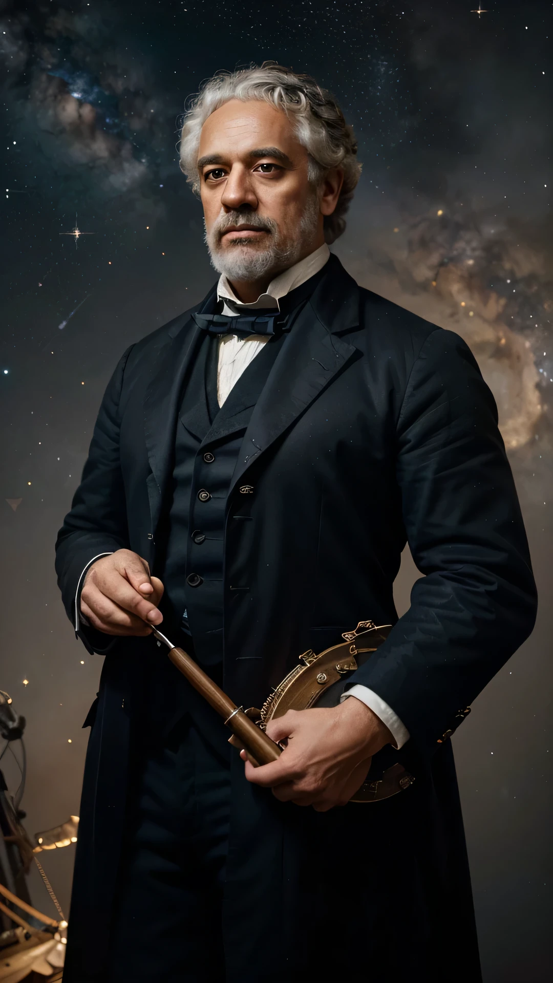 Generate a dignified and historically inspired image of Sir John Herschel, the renowned 19th-century astronomer and polymath. Envision Herschel in a setting reminiscent of his contributions to astronomy, perhaps within an observatory or surrounded by celestial maps and instruments. Capture the essence of his scholarly demeanor with attention to details such as period-appropriate attire, a quill, or other tools indicative of his scientific pursuits. Use a color palette and lighting that evoke the historical period. Consider incorporating celestial elements, such as stars or nebulae, to emphasize his profound impact on the field of astronomy. Craft an image that honors the legacy and intellectual prowess of John Herschel.