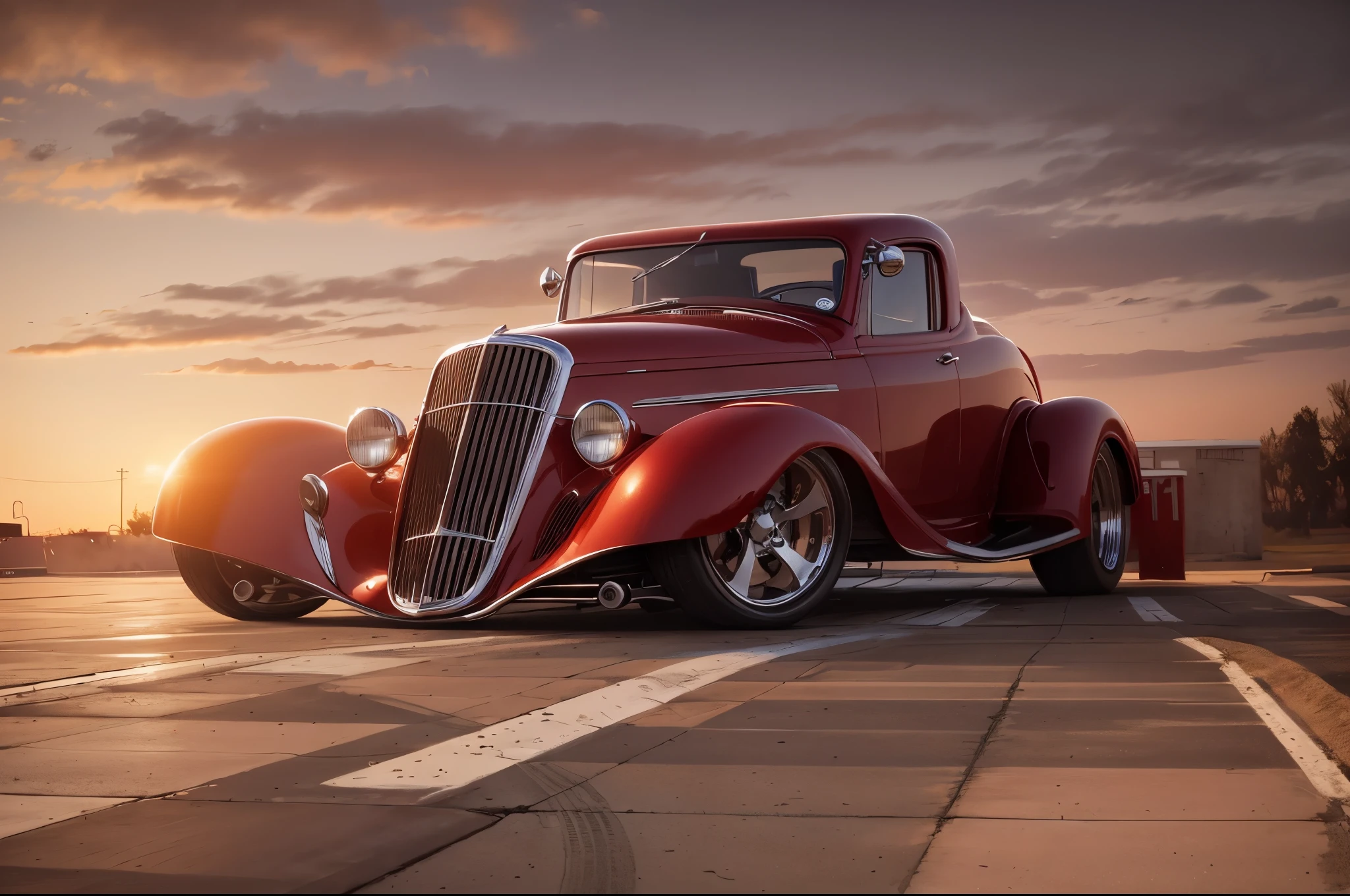 A RED Hot Rod in a parking lot in a beautiful day at dusk