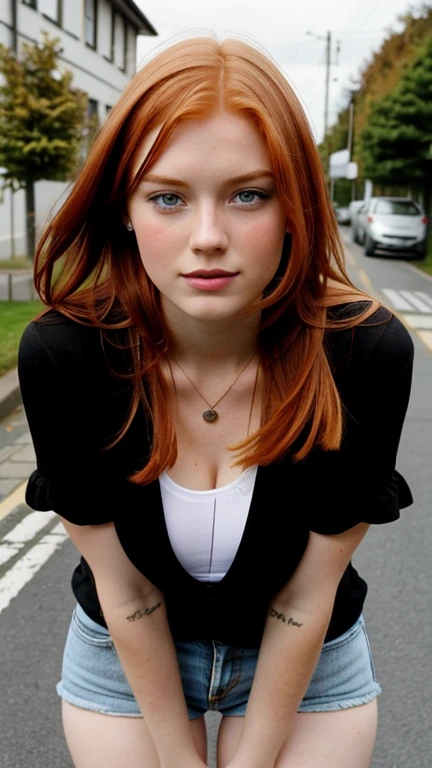 ginger girl , 24 jahre alt, stands on a street, mit jeasshort