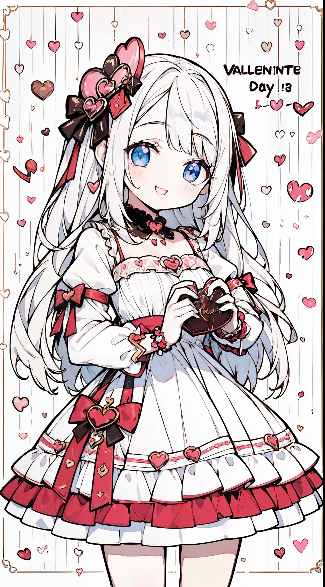 (((32k))), (16k), (8k), (4k), (((32k heart background))), (((Pretty girl))), (((cute girl))), (beautiful quality eyes), (cute smile), (((dress))), (valentine), ((holding heart chocolate)), 