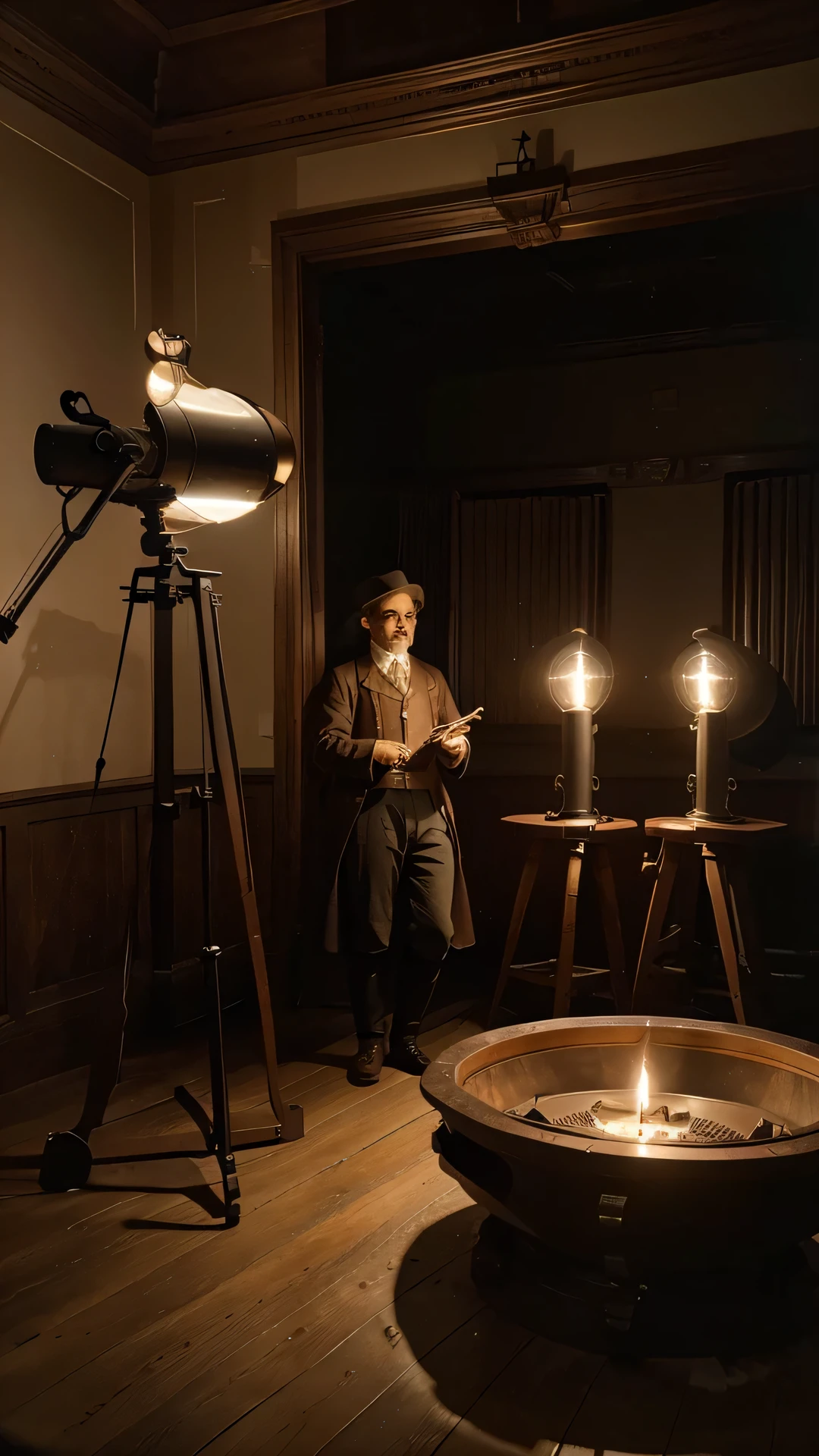 Generate an authentic and historically accurate image of two astronomers working alongside a telescope in the year 1835. Envision the scene within a classic observatory setting, with vintage instruments and dim candlelight illuminating the space. Capture the astronomers in period-appropriate attire, reflecting the fashion of the early 19th century. Pay attention to details such as the design of the telescope, the texture of scientific papers, and any historical tools indicative of the era. Utilize a color palette reminiscent of early 19th-century artworks to evoke the ambiance of the time. Craft an image that transports viewers to the world of 1835, where astronomers engage in the pursuit of knowledge and discovery.