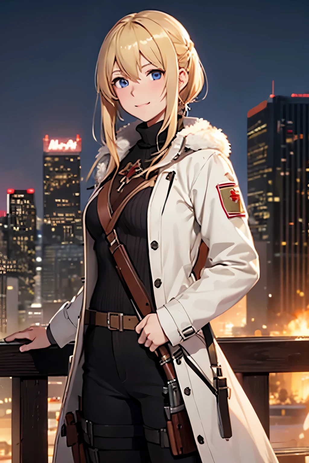 Adult Female Solo、Girls&#39; Frontline 2、mosin-nagant、mosin nagant、messy blonde semi-short hair(one knot)、blue eyes、smile、smart turtleneck(Brown)、white tactical coat、Shoulder Belt、soviet union logo、Wooden rifle(mosin nagant)、Smart Poses、Los Angeles cityscape、high quality、high resolution