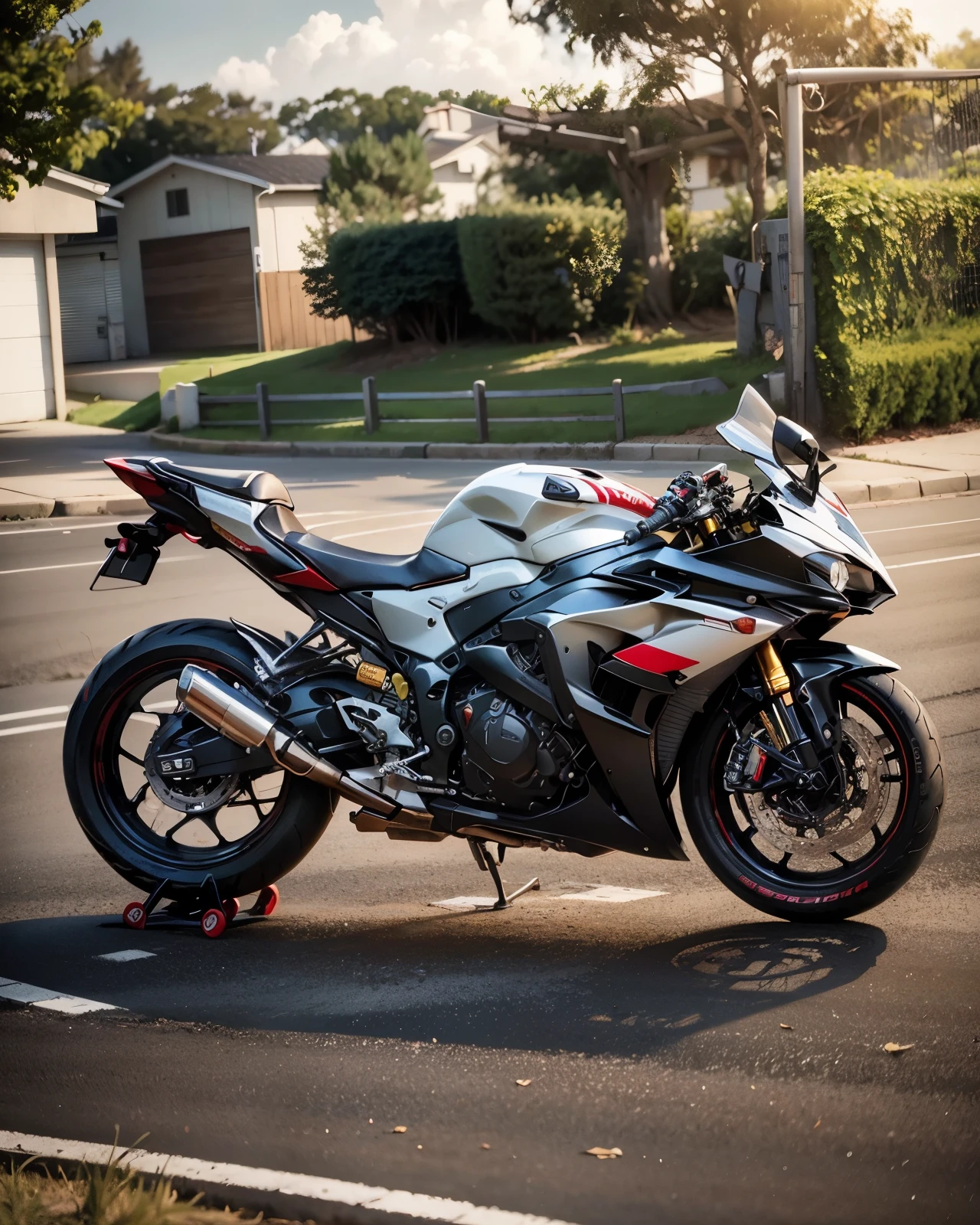 motorcycle parked in the grass near a man in a black shirt, front side full, yoshimura exhaust, r6, white red, front profile!!!!, kawasaki, cr3, black & white, f32, f 3 2, front side, kawaai, black white, clean line, riding, full colored, unreal enging, full pose, motorbike